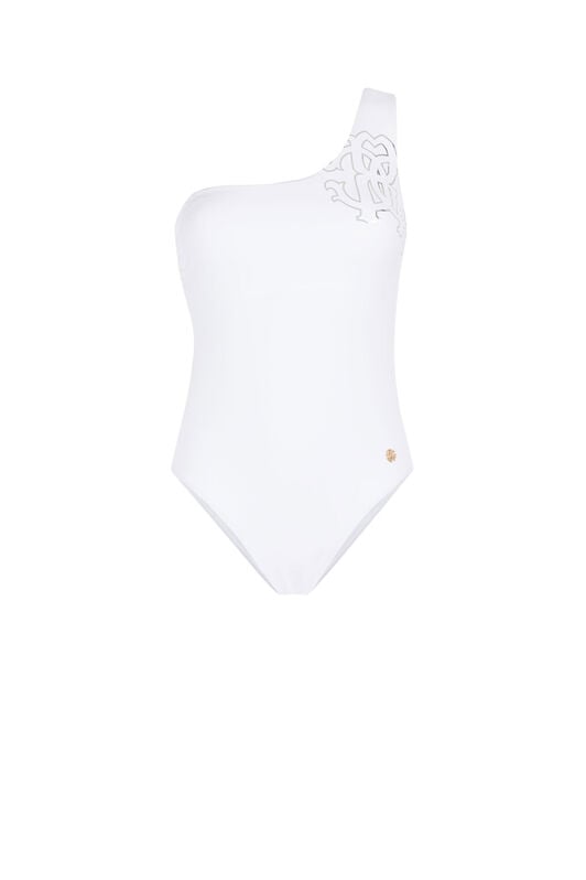 RC RC Monogram-Print One-Shoulder Swimsuit RC RC Monogram-Print One-Shoulder Swimsuit White KSW01X-LL002