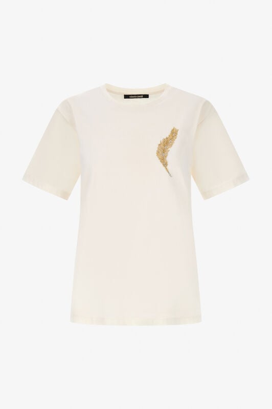 RC Elfenbeinfarbenes T-Shirt mit Federstickerei RC Elfenbeinfarbenes T-Shirt mit Federstickerei Elfenbein SWR608-JD061