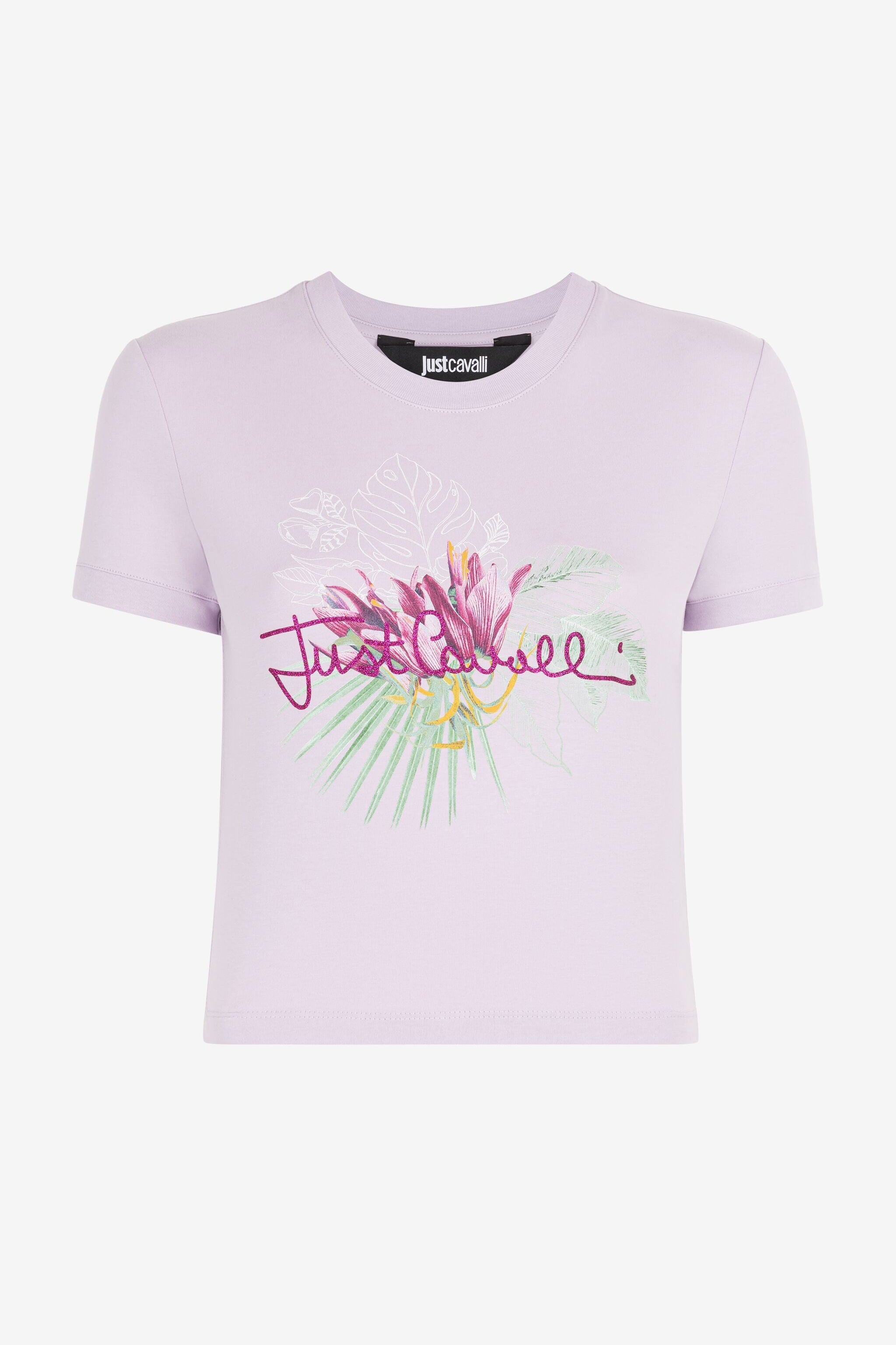 JC Just Cavalli Cropped T-Shirt mit tropischem Aufdruck JC Just Cavalli Cropped T-Shirt mit tropischem Aufdruck LILA Q61447-Q0350