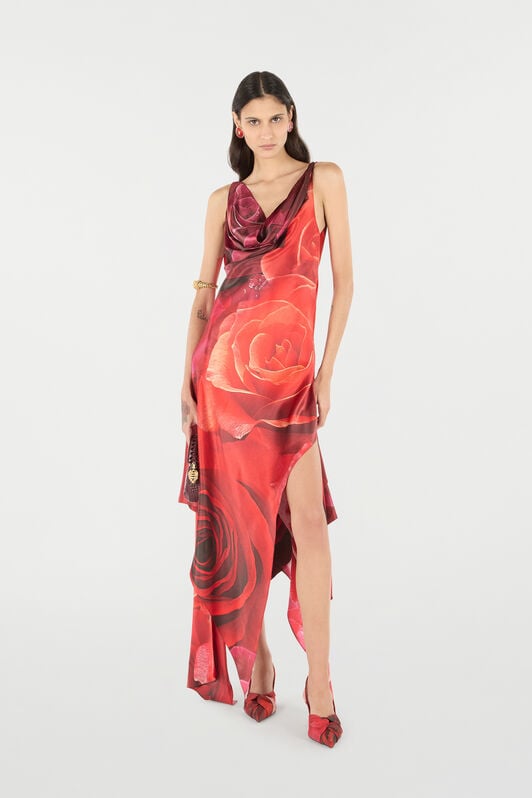 RC Dress With Asymmetric Skirt And Rose Print RC Dress With Asymmetric Skirt And Rose Print Red UKT116-RYN48
