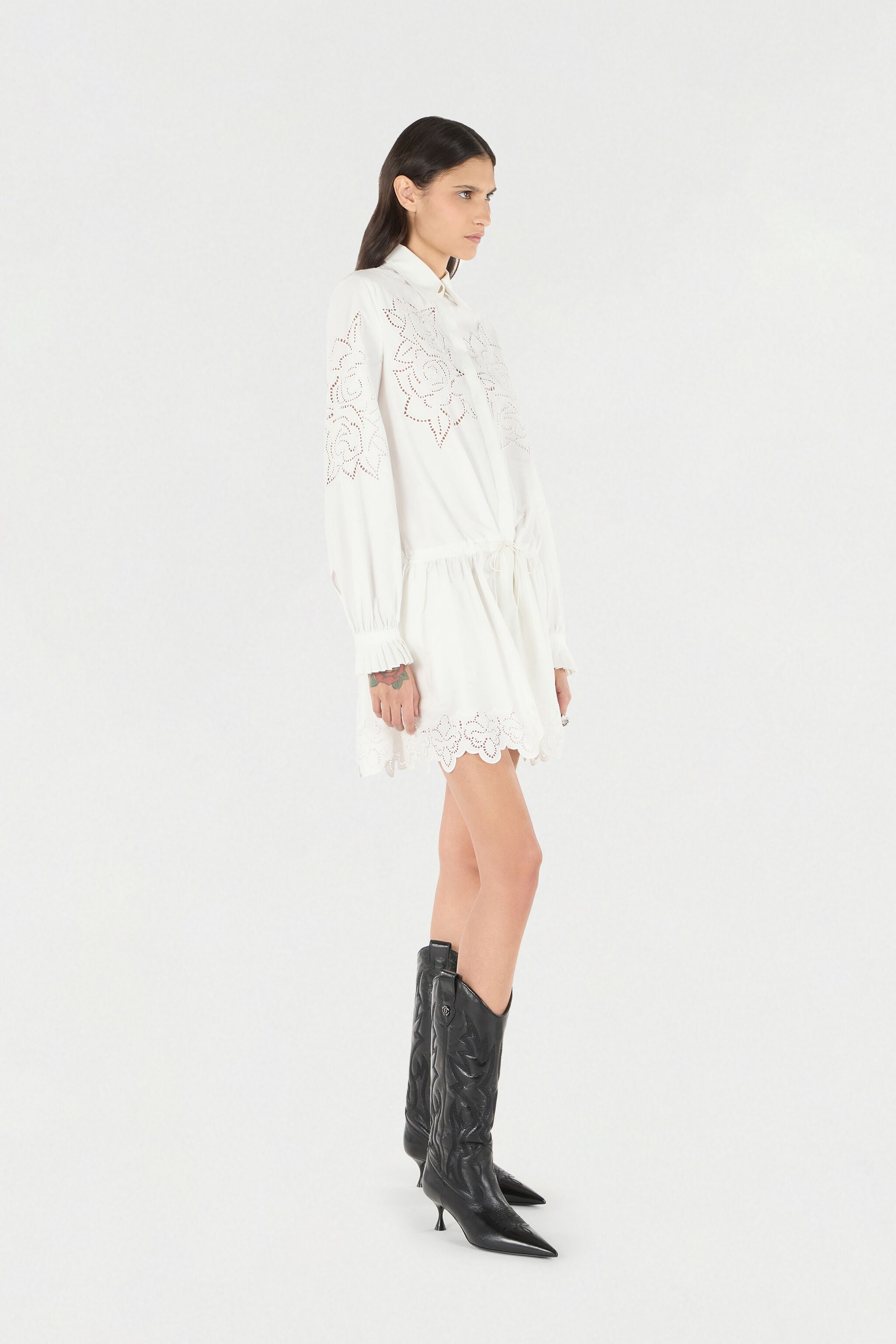 RC Mini Shirt Dress With Perforated Roses RC Mini Shirt Dress With Perforated Roses White UKR137-CH033