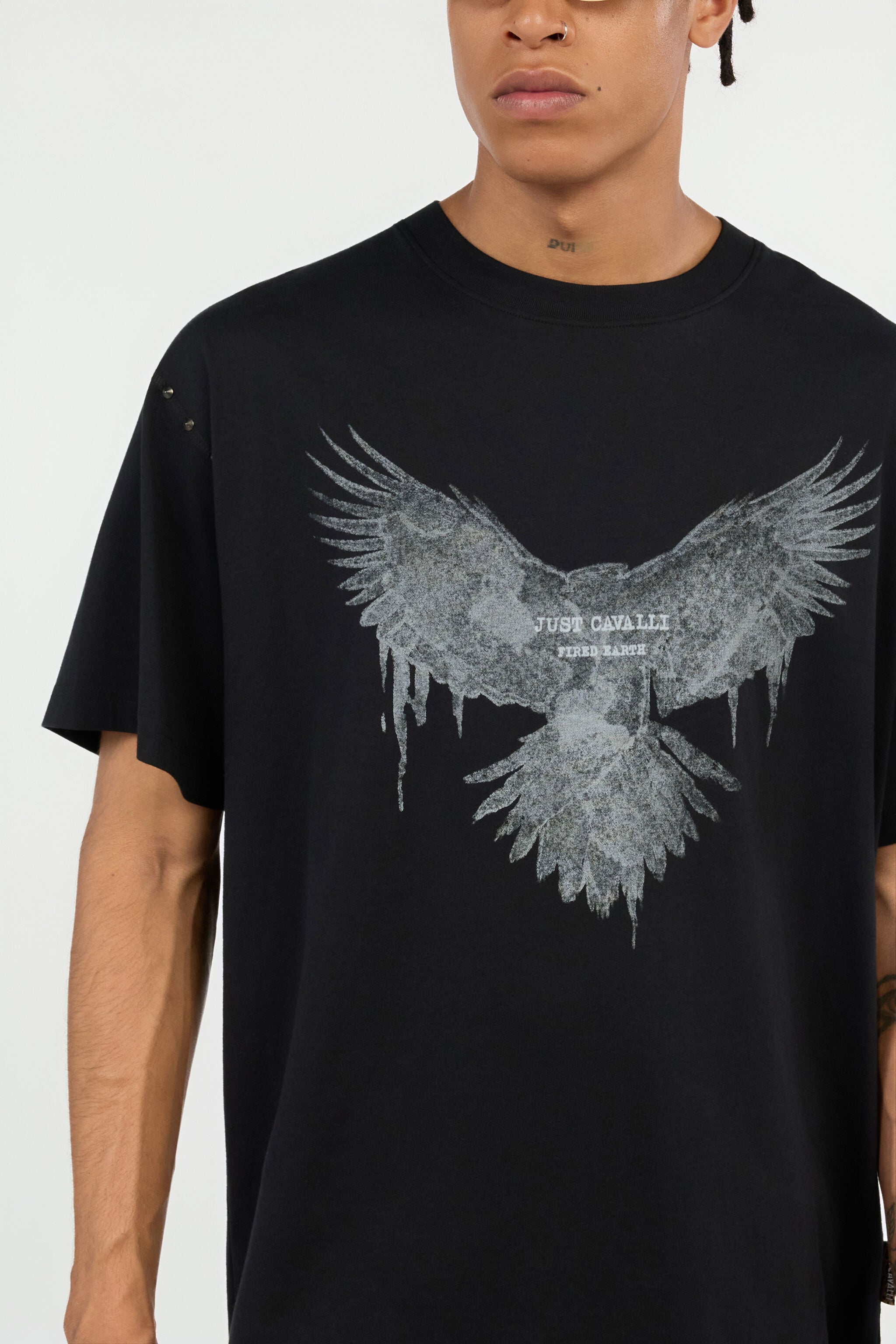 JC Black T-shirt With Eagle Print And Studs BLACK VFT034-VF078