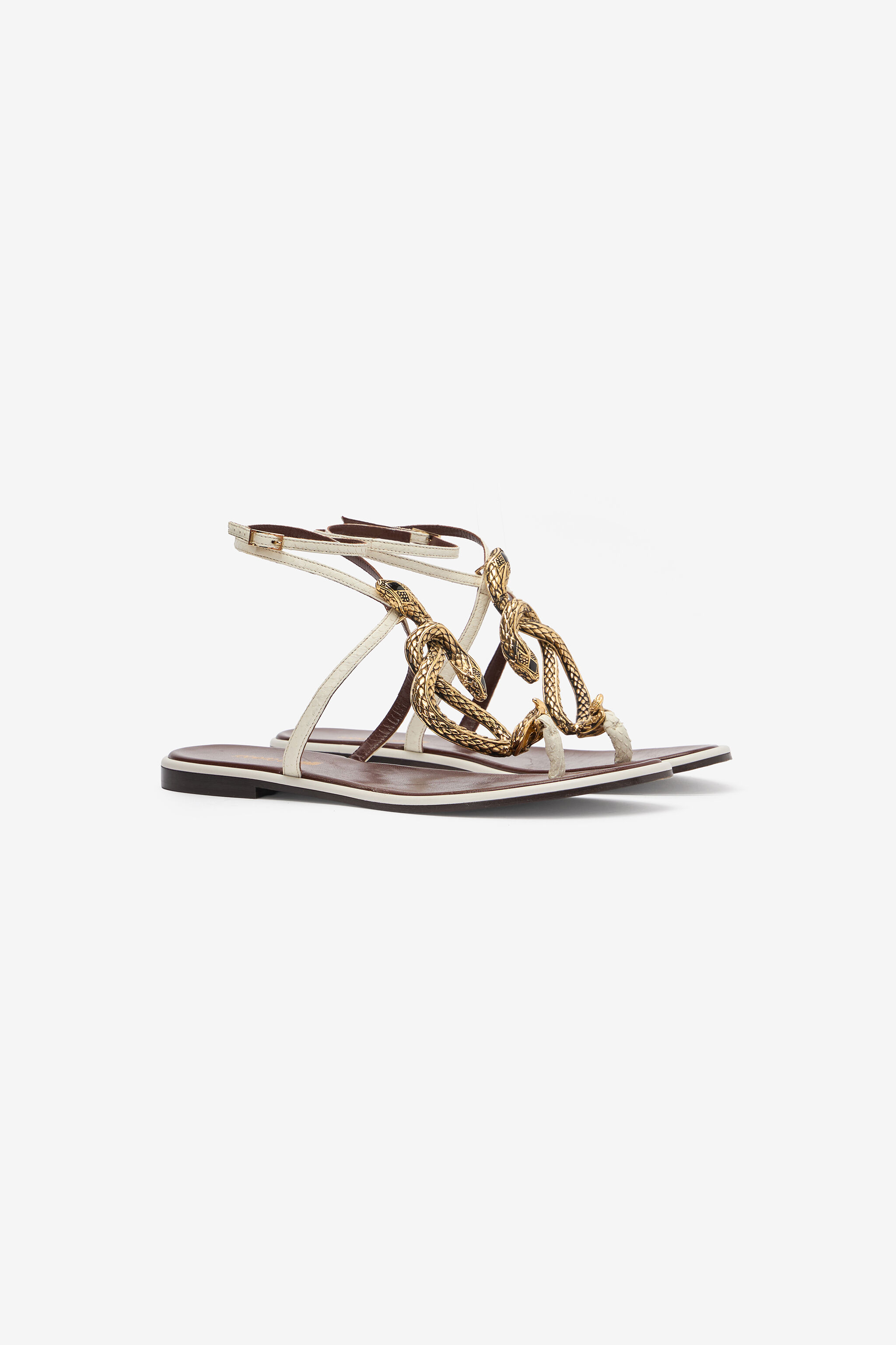 Brown and White Flat Thong Sandals with Snake Motif in WHITE for