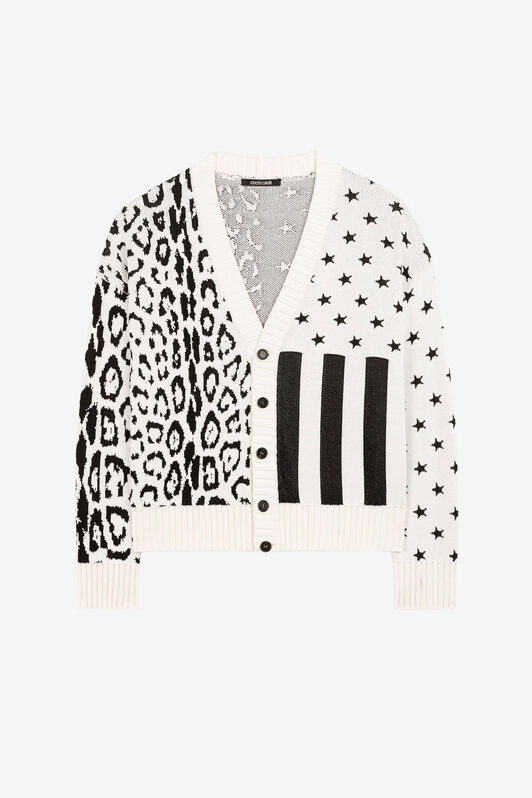RC Animal jacquard V-neck cardigan Black/White QRM614-MG005