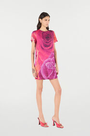 RC Crinkle-Effect Dress With Rose Print Fuchsia UKT155-FQN48