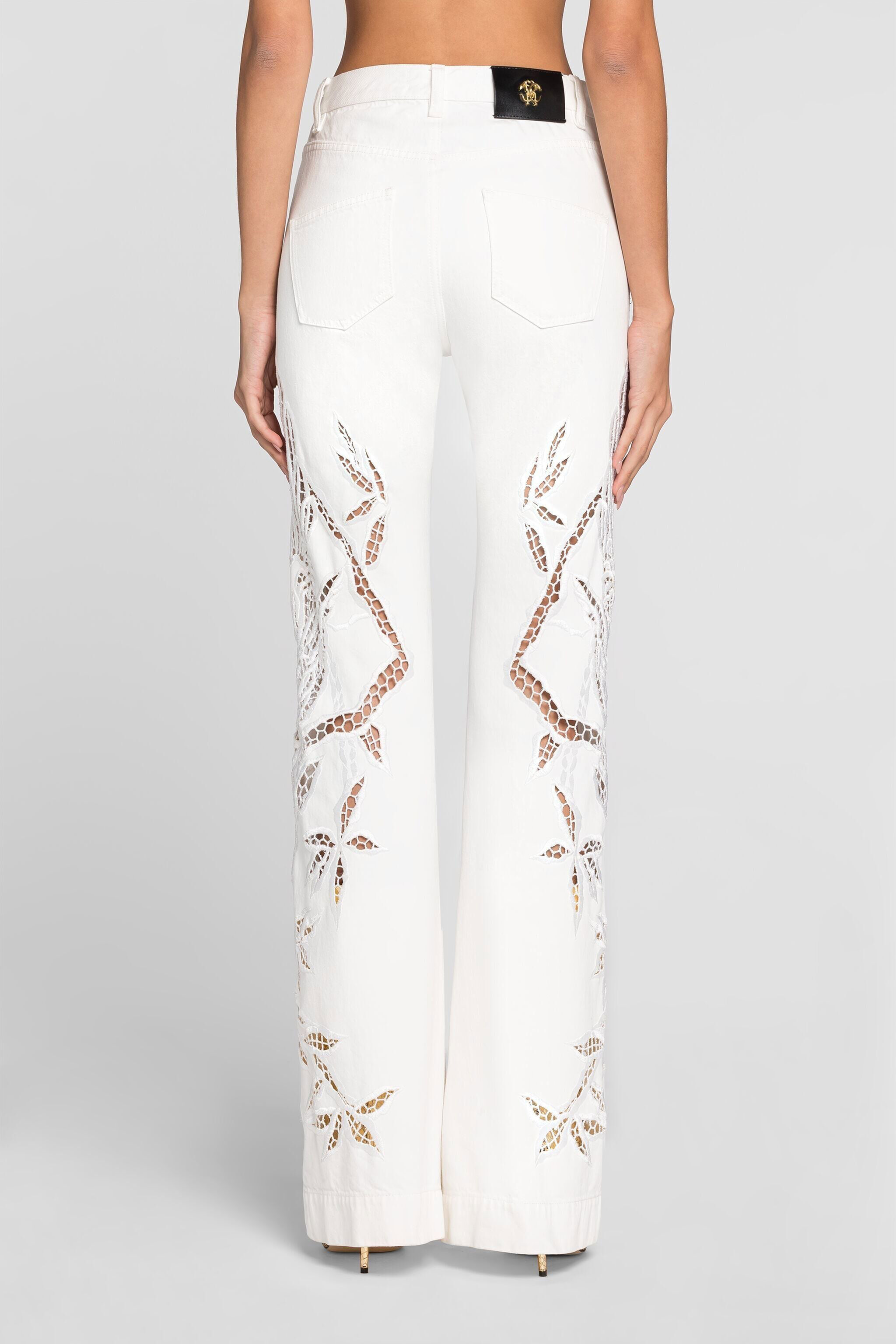 Floral Cut-Out Flared Jeans in White for Women | Roberto Cavalli®