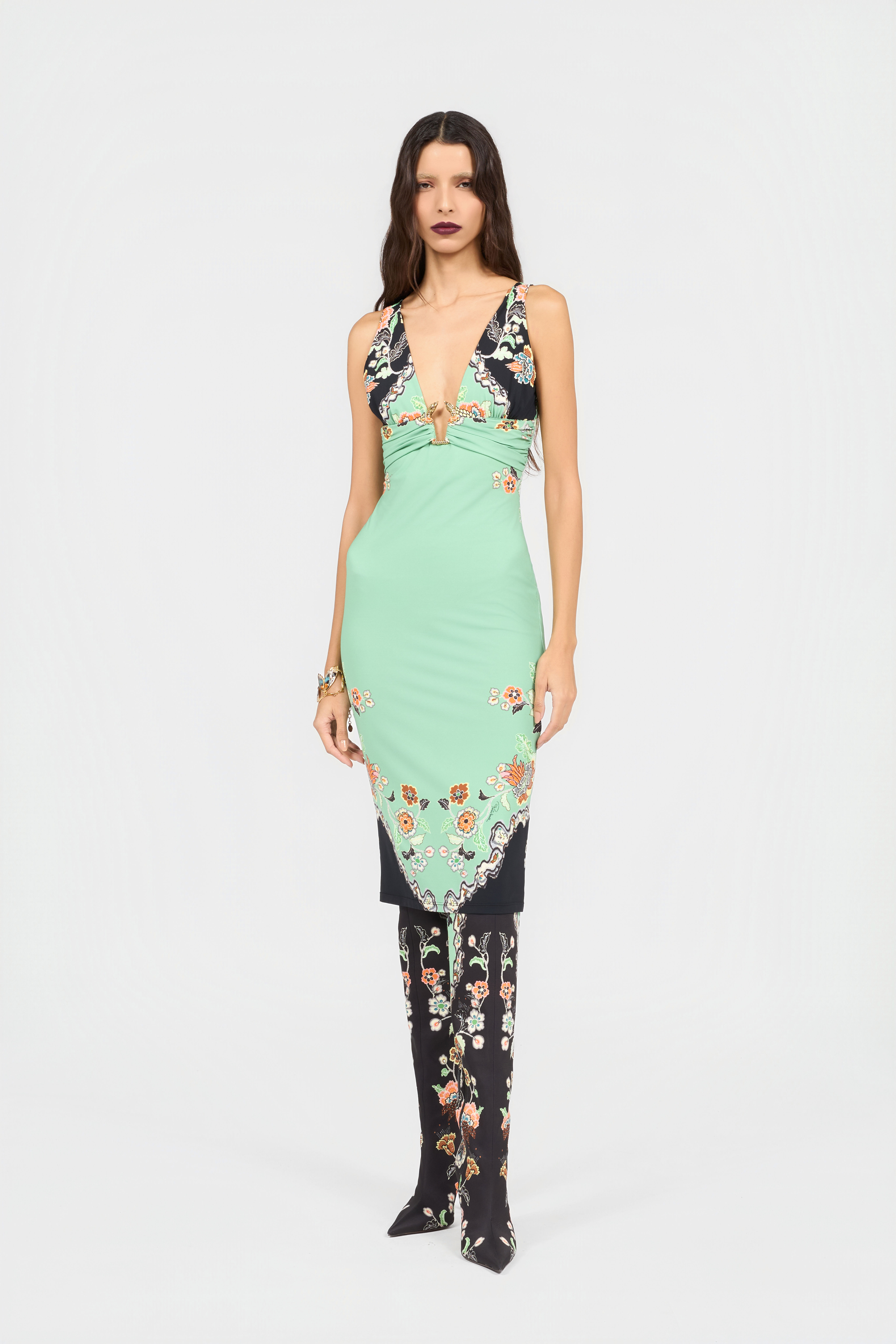 RC Kimono Print Midi Dress RC Kimono Print Midi Dress GREEN/BLACK XQT100-LNT25