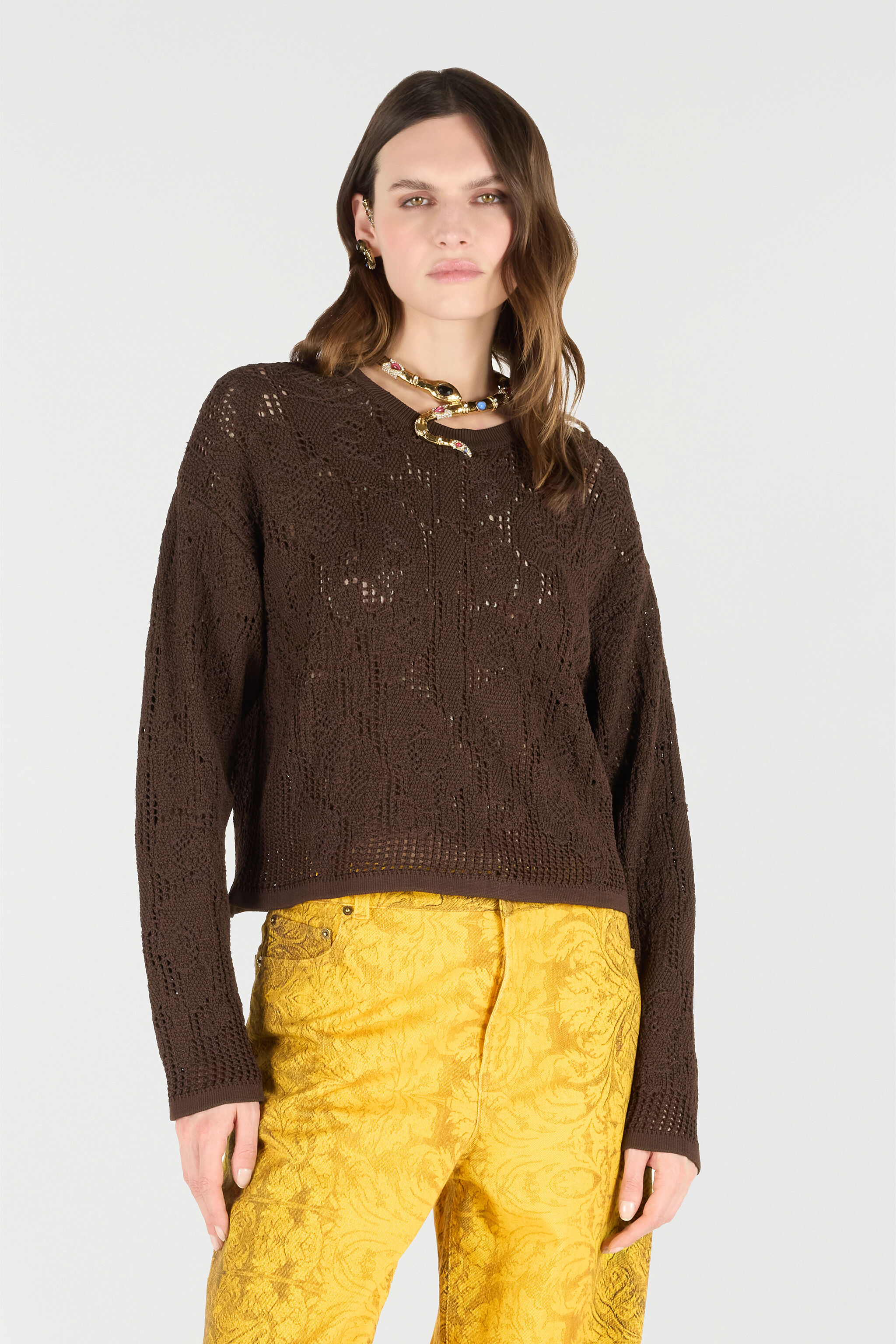 Crochet Effect Sweater in Brown for Women | Roberto Cavalli®