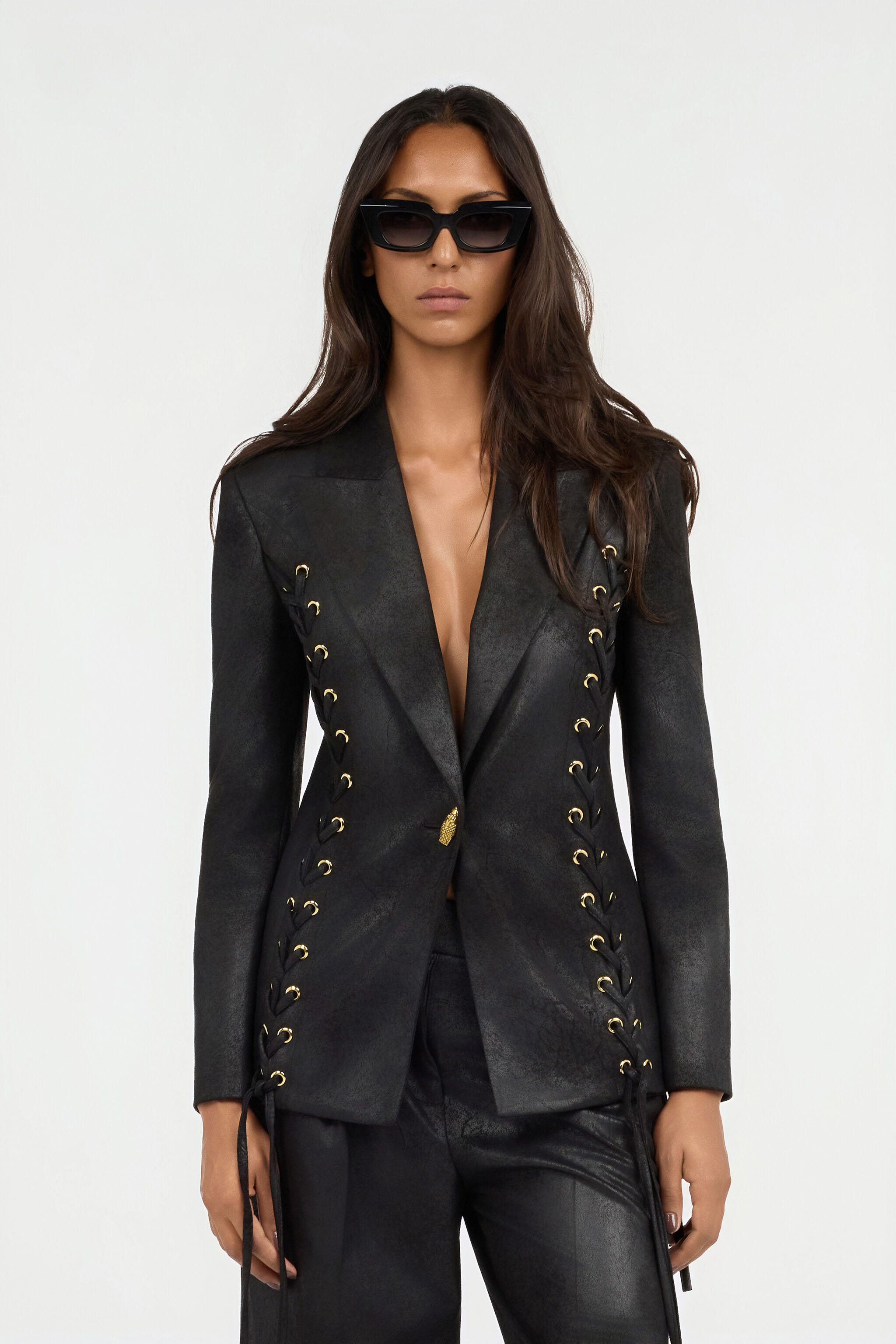 JC Schwarzer Blazer Mit Schnürdetail JC Schwarzer Blazer Mit Schnürdetail BLACK VFT305-VF455