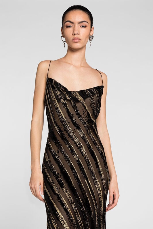 RC Devoré-Stripe Maxi Dress RC Devoré-Stripe Maxi Dress NERO/ORO PKT101-VL061