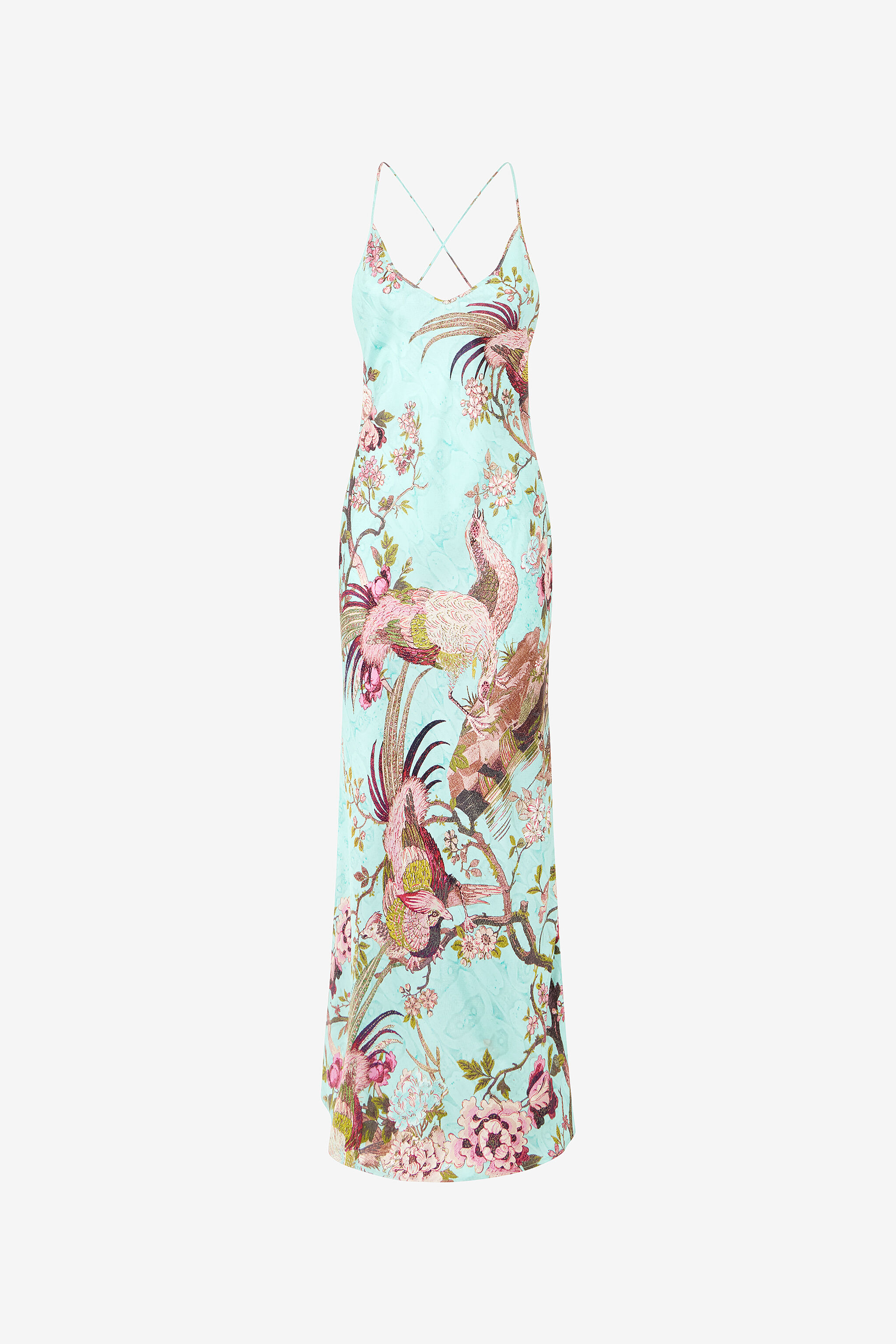 Slip Dress With Oriental Bird Print in Blue/Pink for Women