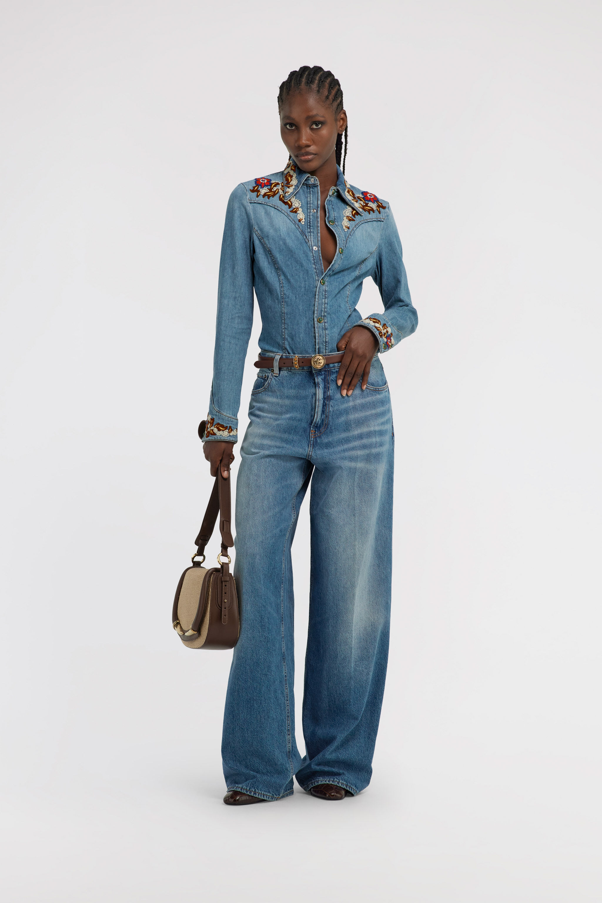 Blue Denim Shirt With Floral Embroidery in Blue for Women