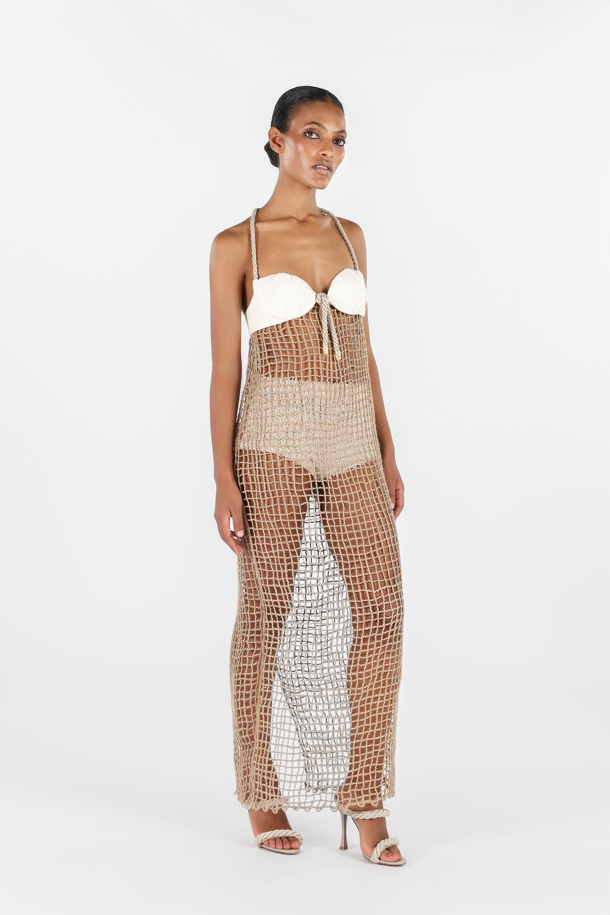 RC Rope fishnet Detail Long Dress RC Rope fishnet Detail Long Dress Light Brown UWR144-FY073