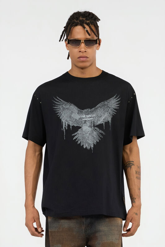 JC Black T-shirt With Eagle Print And Studs BLACK VFT034-VF078