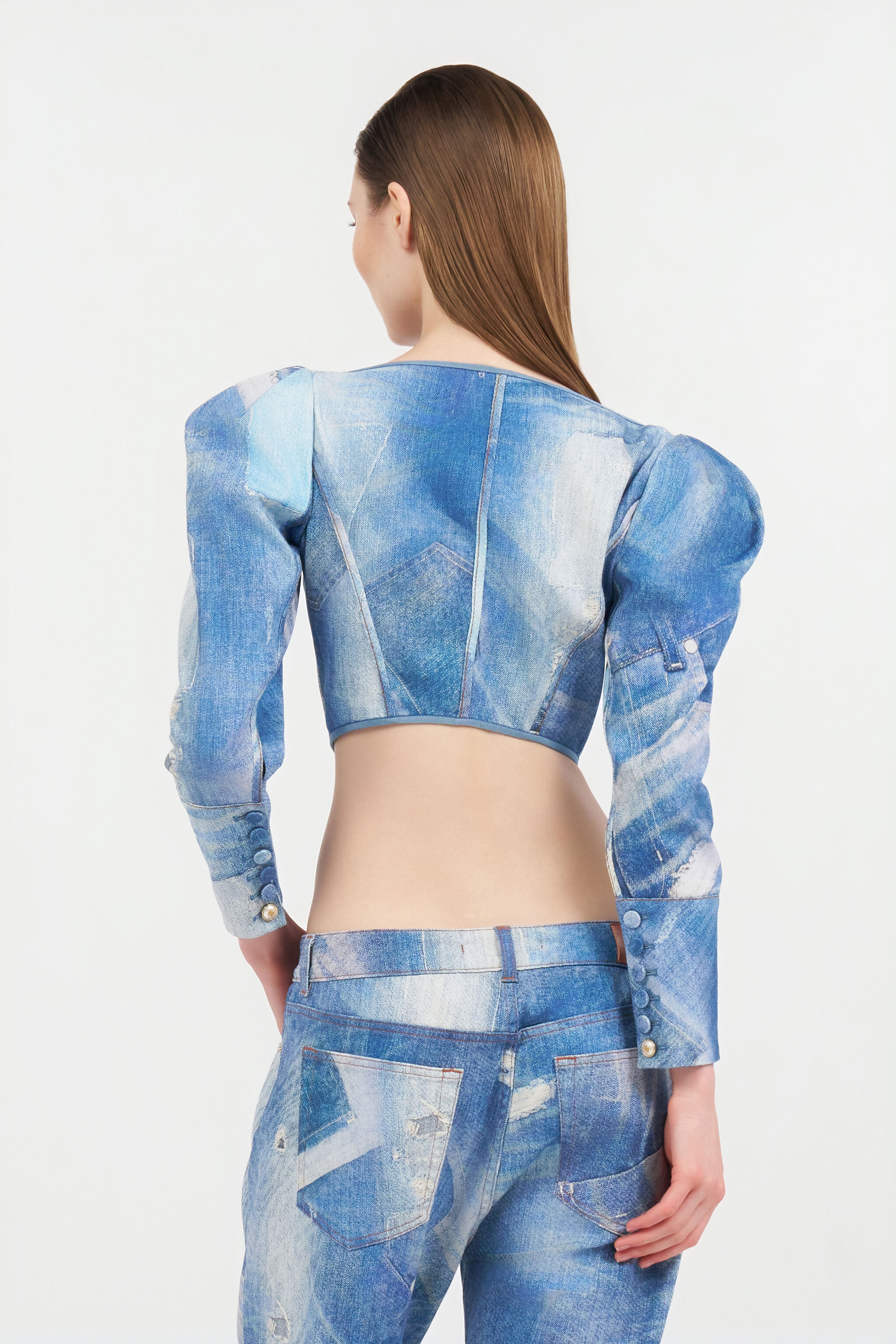 Denim Patchwork-Effect Corset with Lacing in DARK BLUE for Women