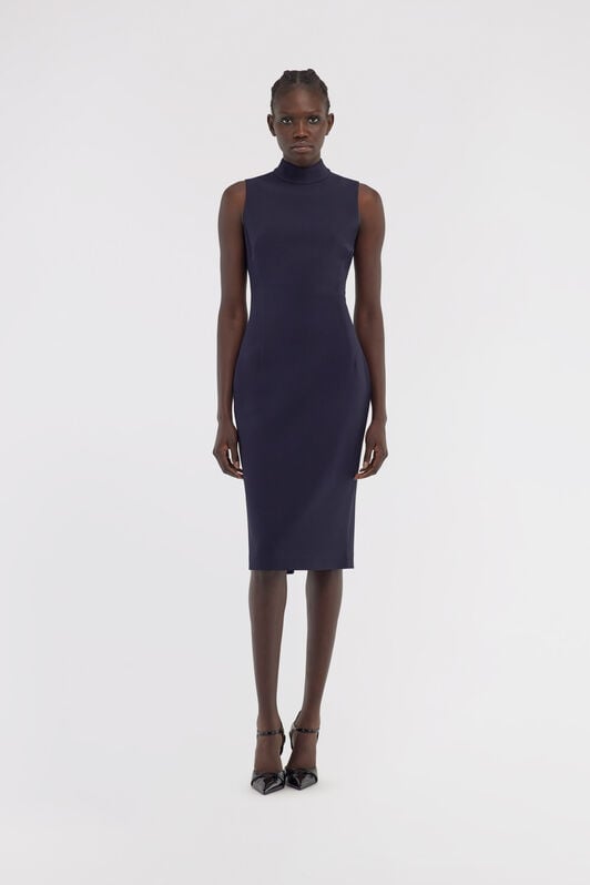 RC Dunkelblaues Midi-Kleid Mit Hohem Kragen RC Dunkelblaues Midi-Kleid Mit Hohem Kragen Dunkelblau NOT10A-KU014