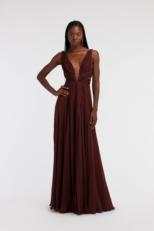 RC Vestido Maxi De Seda Marrón Con Escote Pronunciado RC Vestido Maxi De Seda Marrón Con Escote Pronunciado Marrón oscuro SKT170-CC001