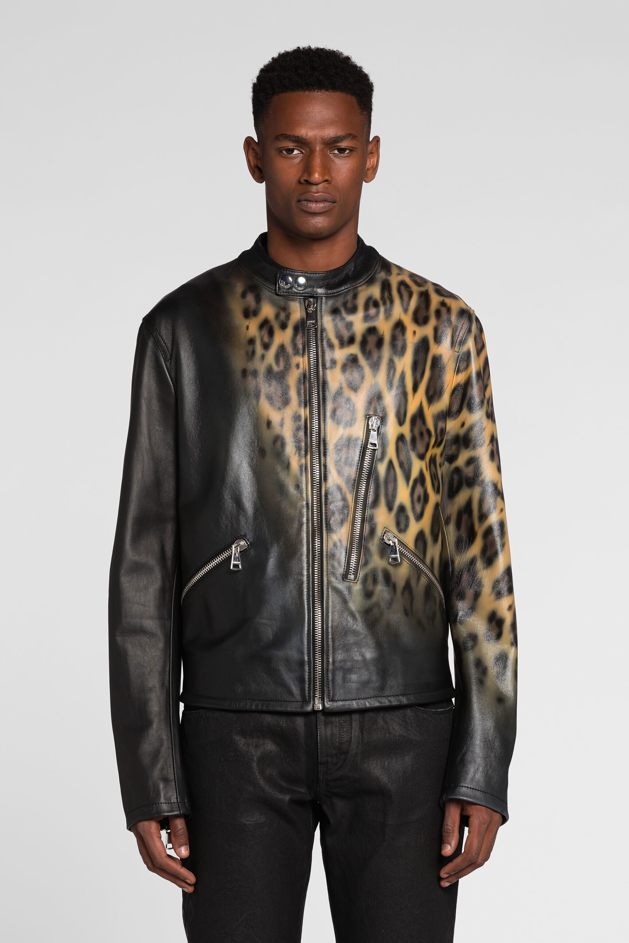 RC Leopard print leather bomber jacket RC Leopard print leather bomber jacket Black QRP811-PFF22