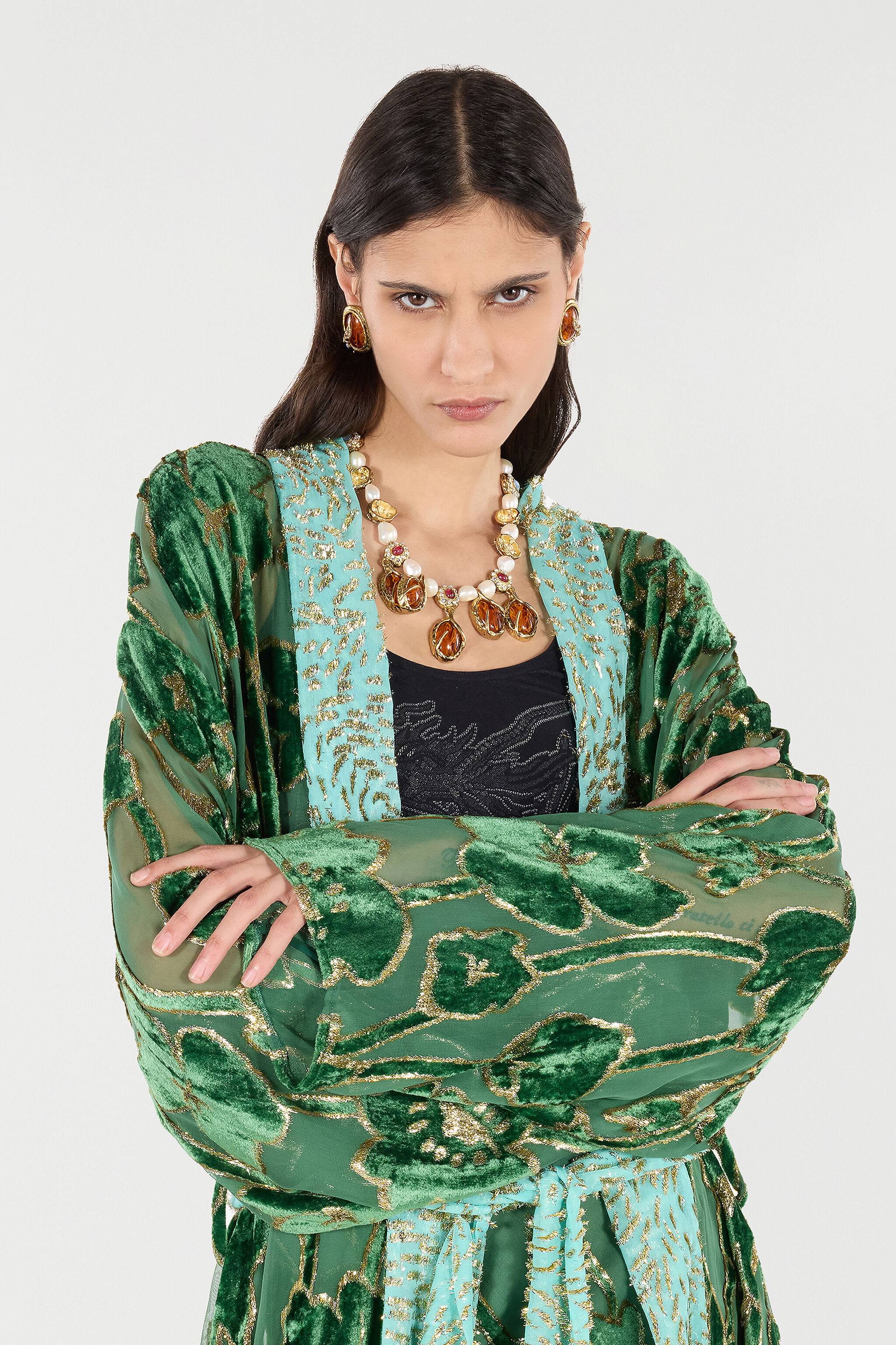 See-Through Robe With Floral Pattern in VERDE/ORO for Women