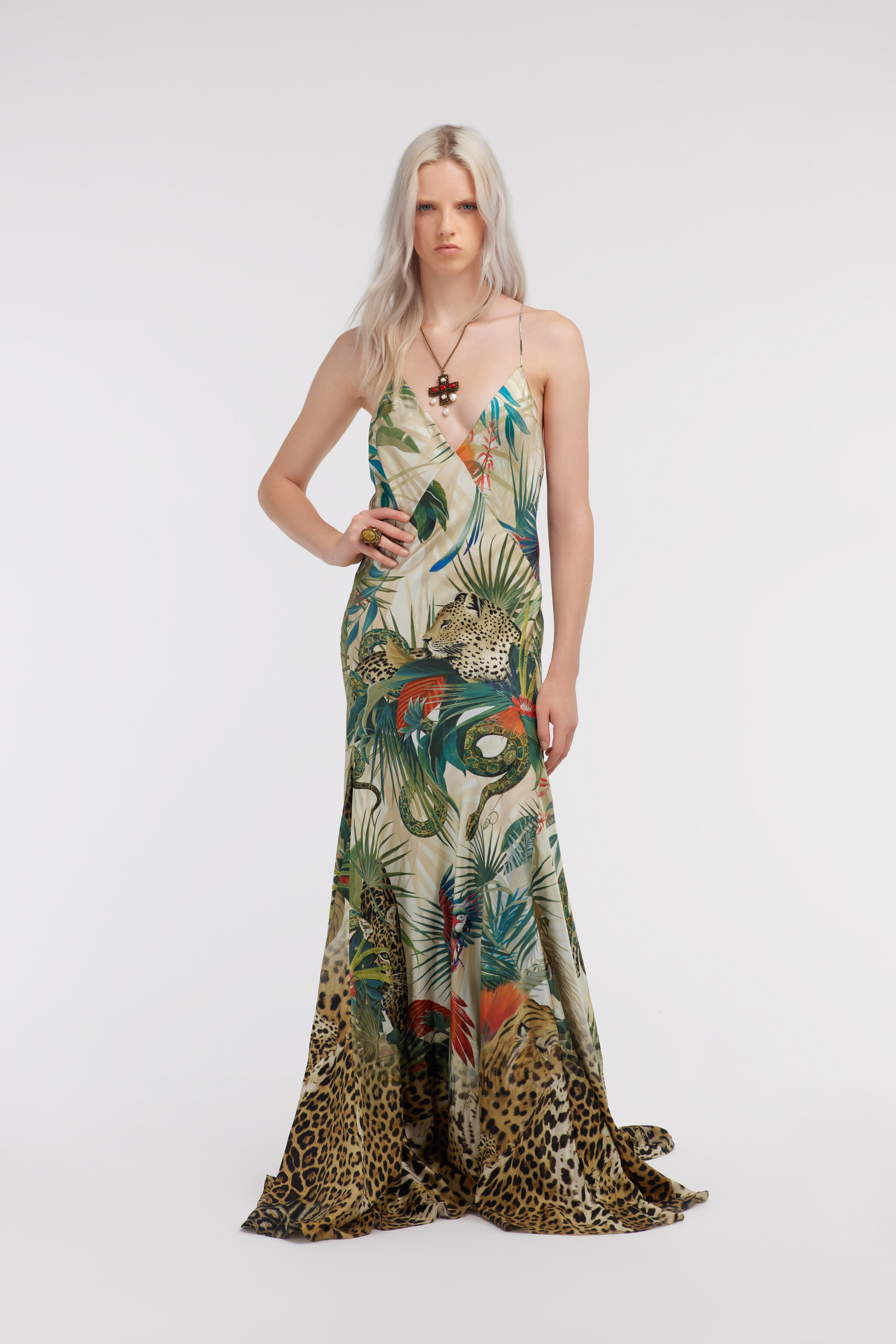 Jungle Print Silk Maxi Dress in Green for Women | Roberto Cavalli®