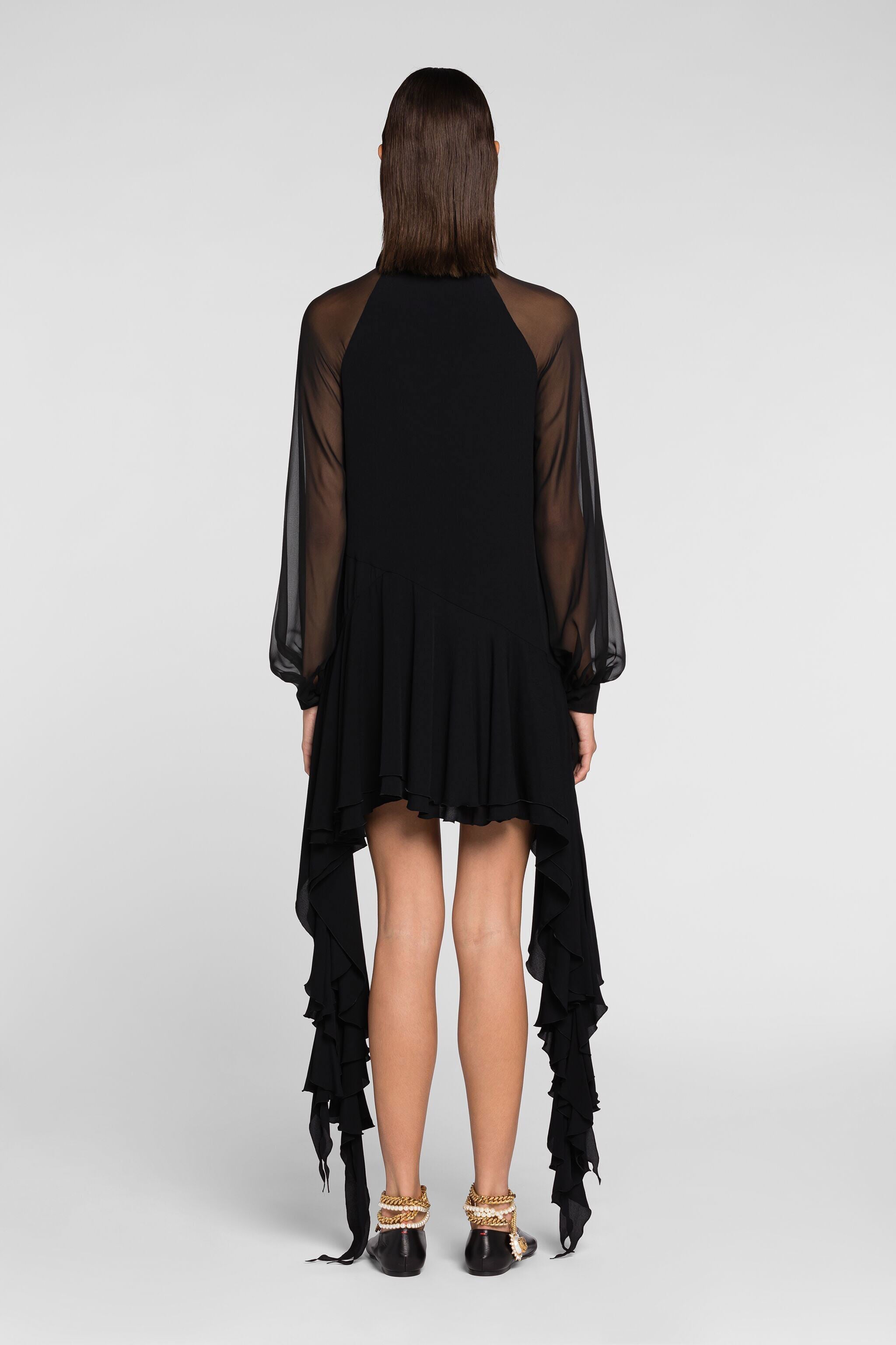 RC Sheer-sleeve draped-ruffle silk dress RC Sheer-sleeve draped-ruffle silk dress Black QKT125-SY005