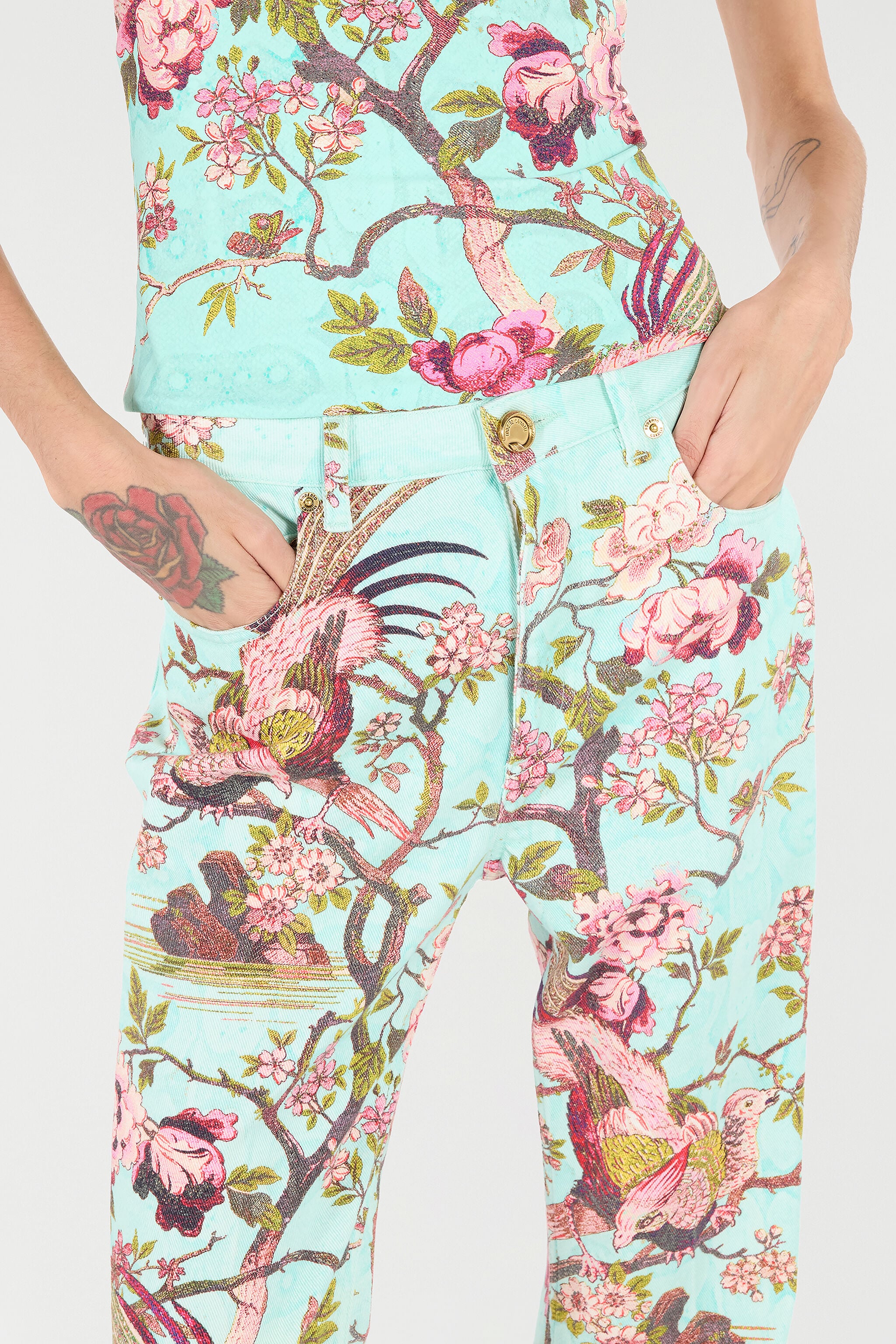 RC Pants With Oriental Bird Print Blue/Pink VKJ221-DAP76