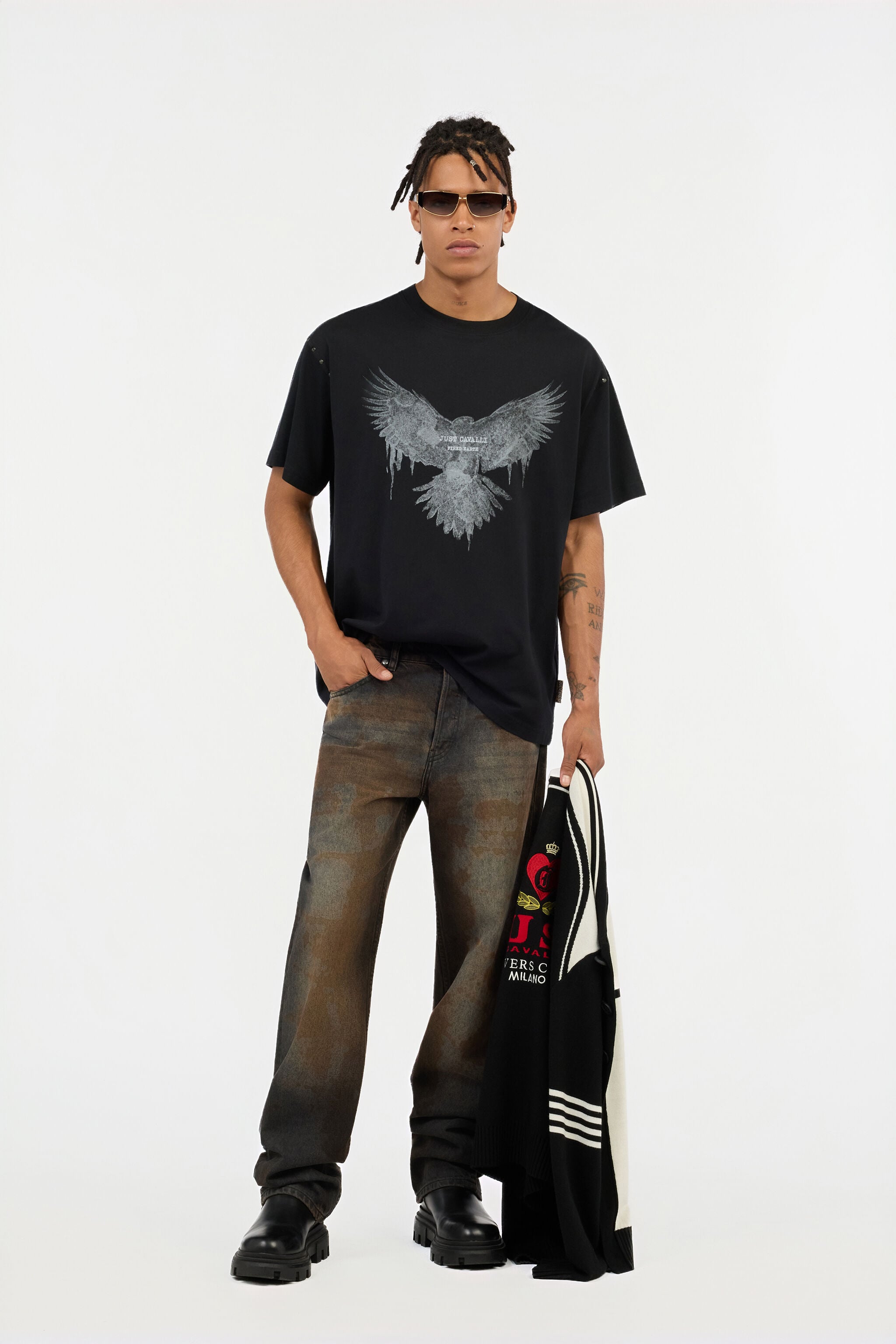 JC Black T-shirt With Eagle Print And Studs BLACK VFT034-VF078