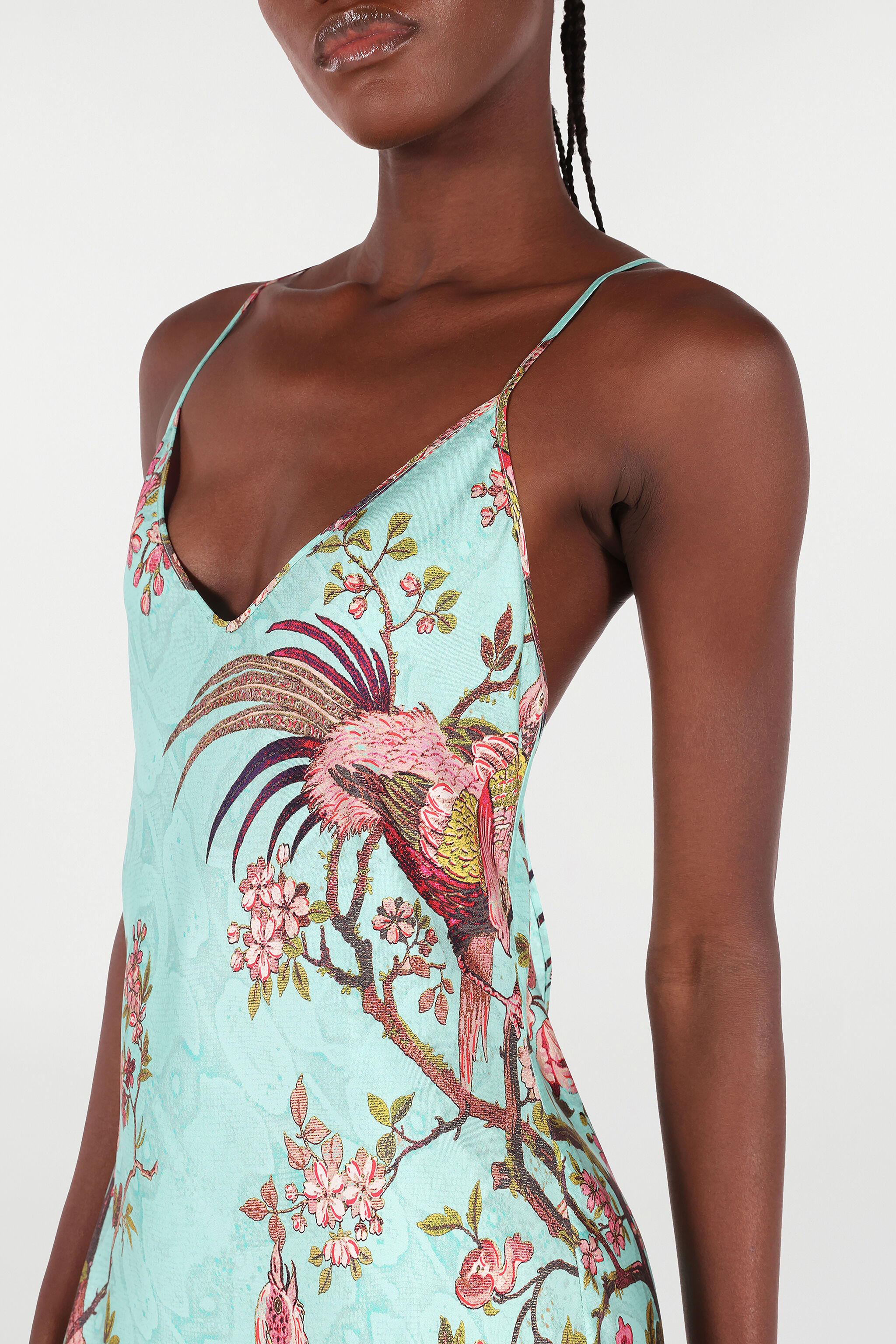 Slip Dress With Oriental Bird Print in Blue/Pink for Women