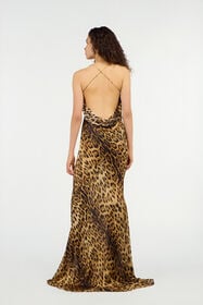 RC Long Silk Dress With Jaguar Skin Print Brown VWT103-HZQ71