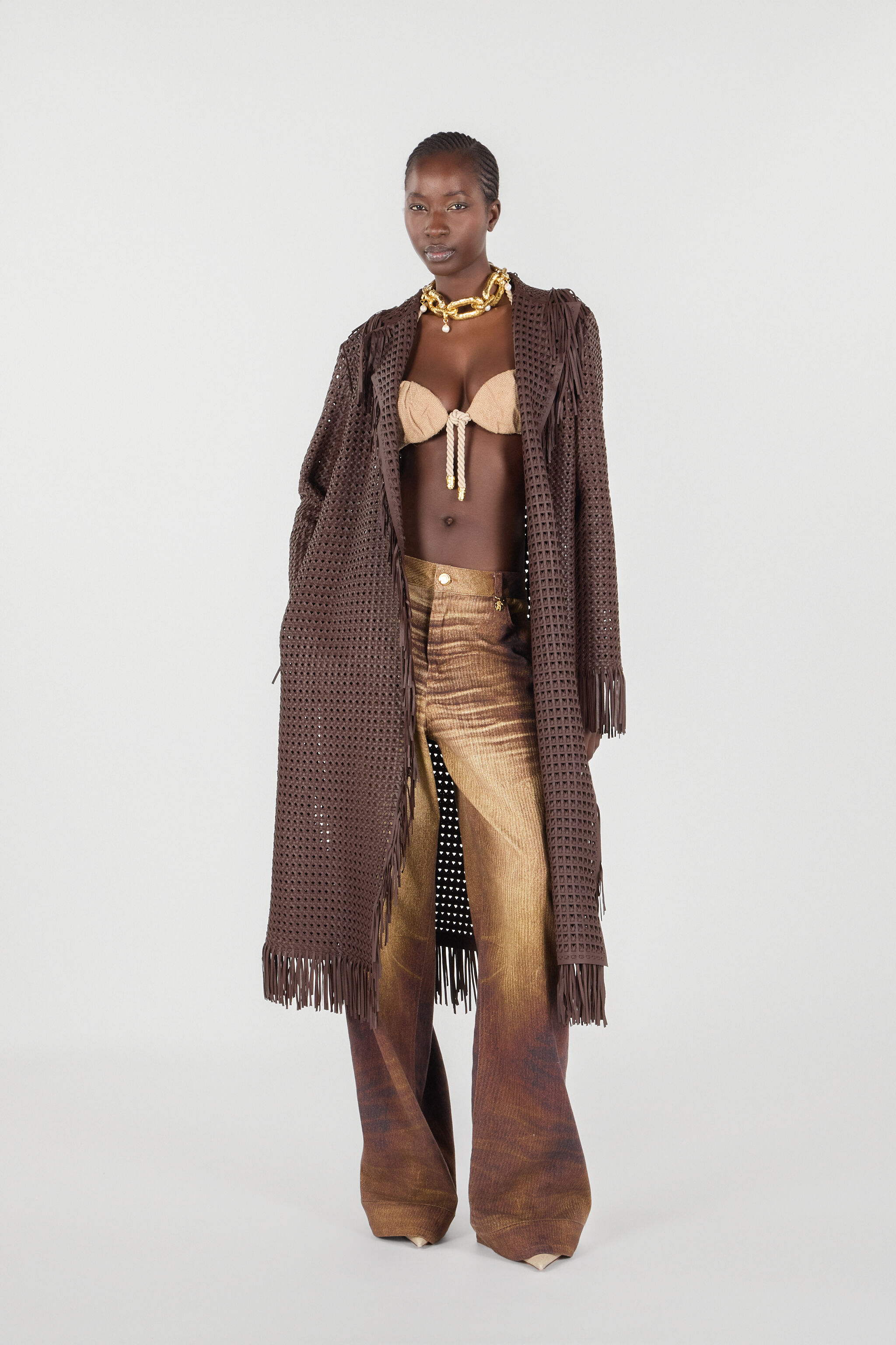 Brown Woven Leather Coat With Fringes in Brown for Women | Roberto