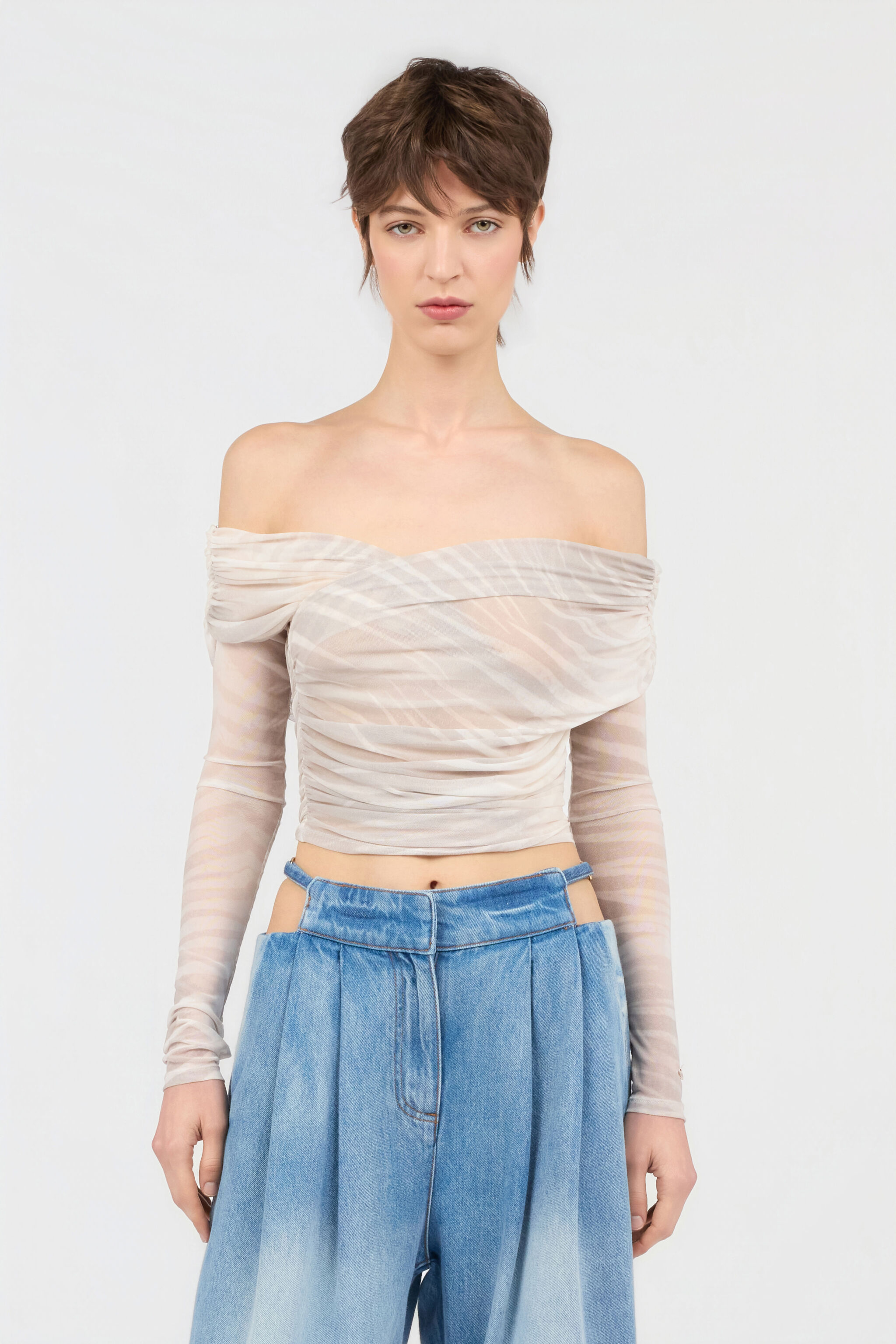 JC Top de hombros descubiertos con estampado Natural Barb JC Top de hombros descubiertos con estampado Natural Barb OFF WHITE WFT239-WF621