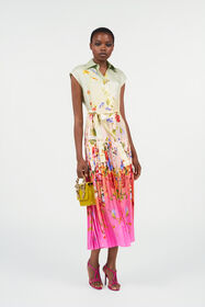 RC Long Silk Dress with Miami Flowers Print GREEN/FUCHSIA WQT103-OZR32