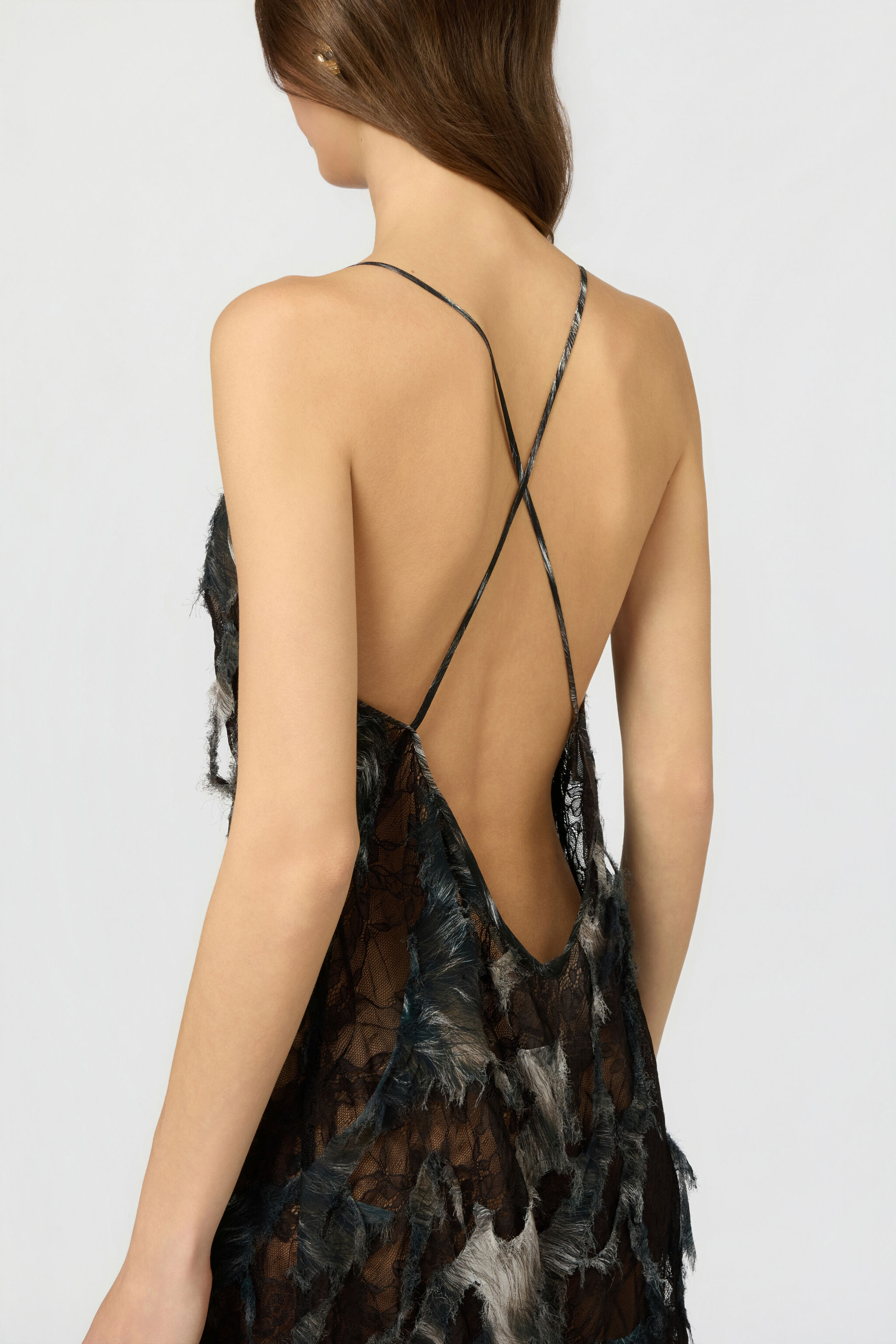 RC Midi Dress with Fur Print on Destroyed-Effect Lace BLACK/BEIGE XWT102-7HT79