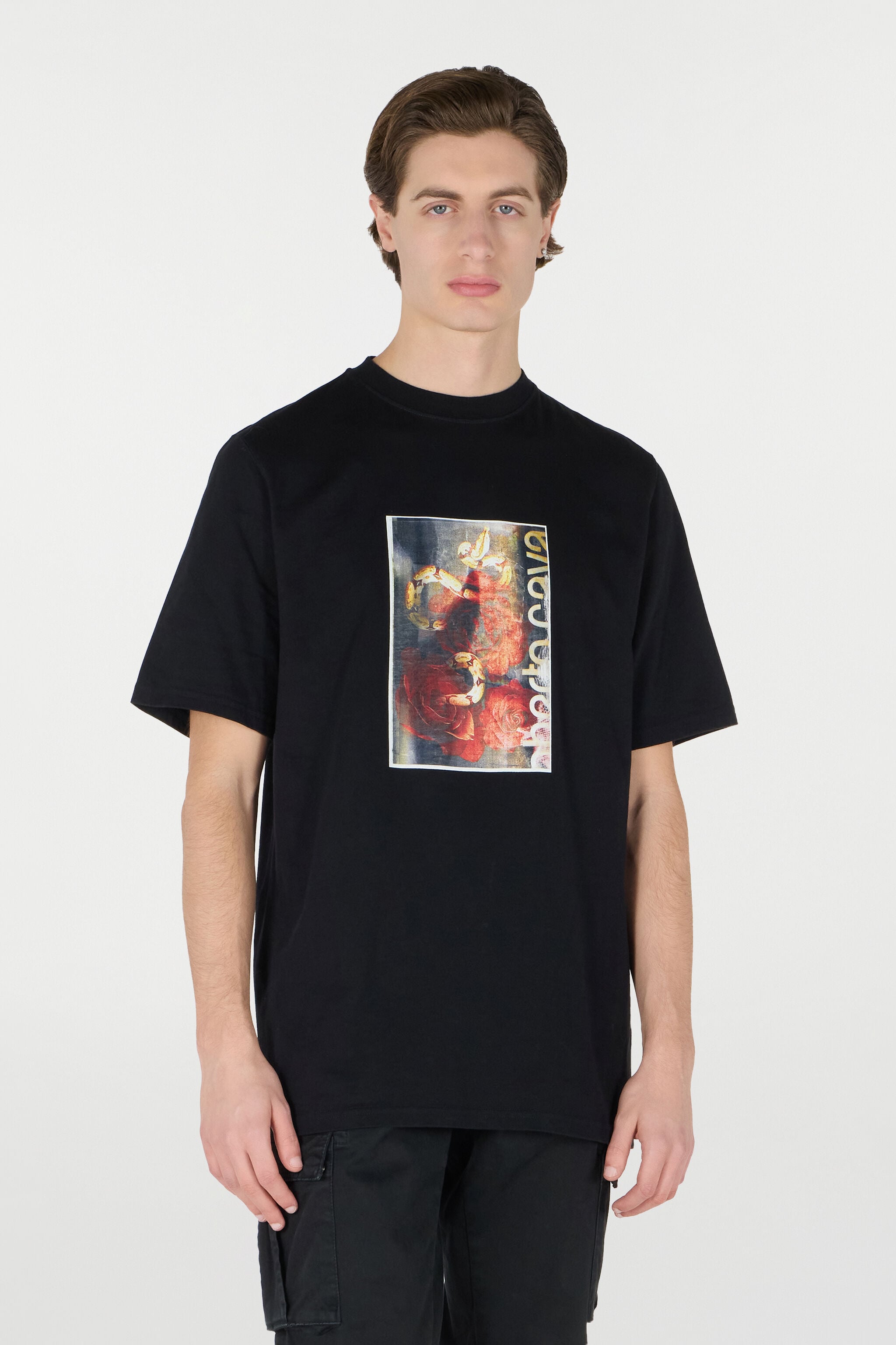 RC T-Shirt With Distressed-Effect Snake And Rose Print Black URT61C-JD060