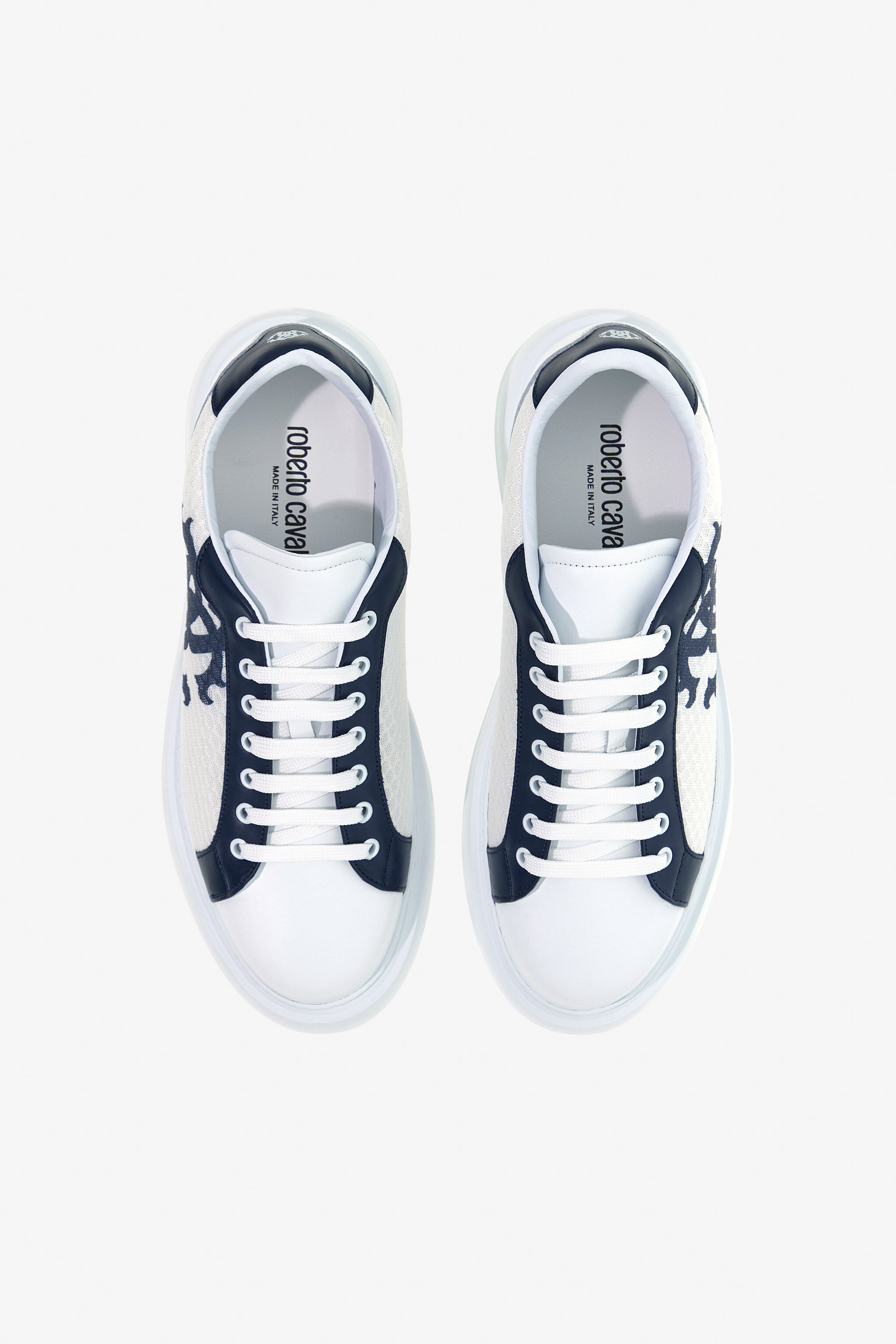 Leather Sneakers with Logo in WHITE/NAVY for Men | Roberto Cavalli®