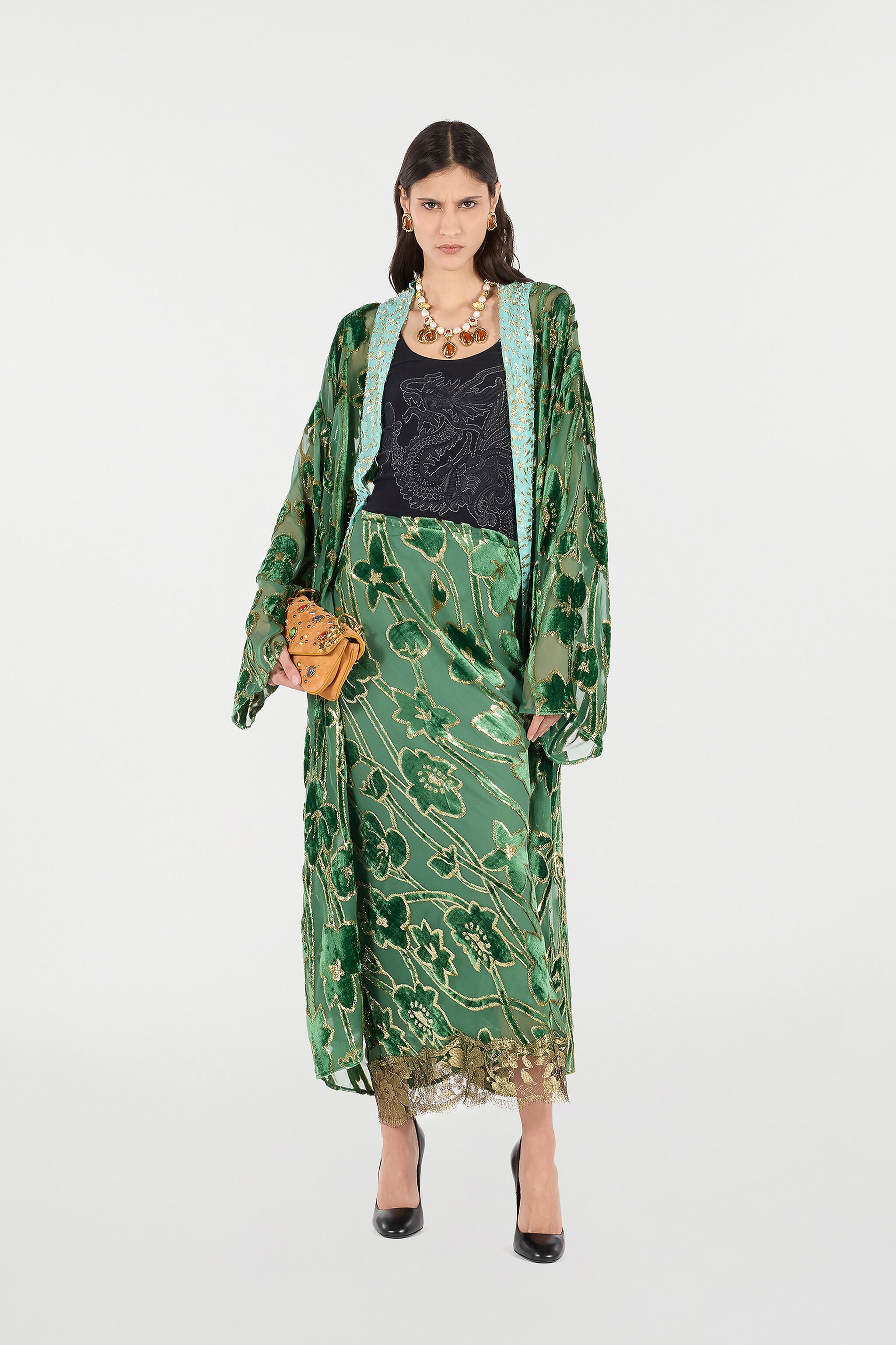 See-Through Robe With Floral Pattern in VERDE/ORO for Women