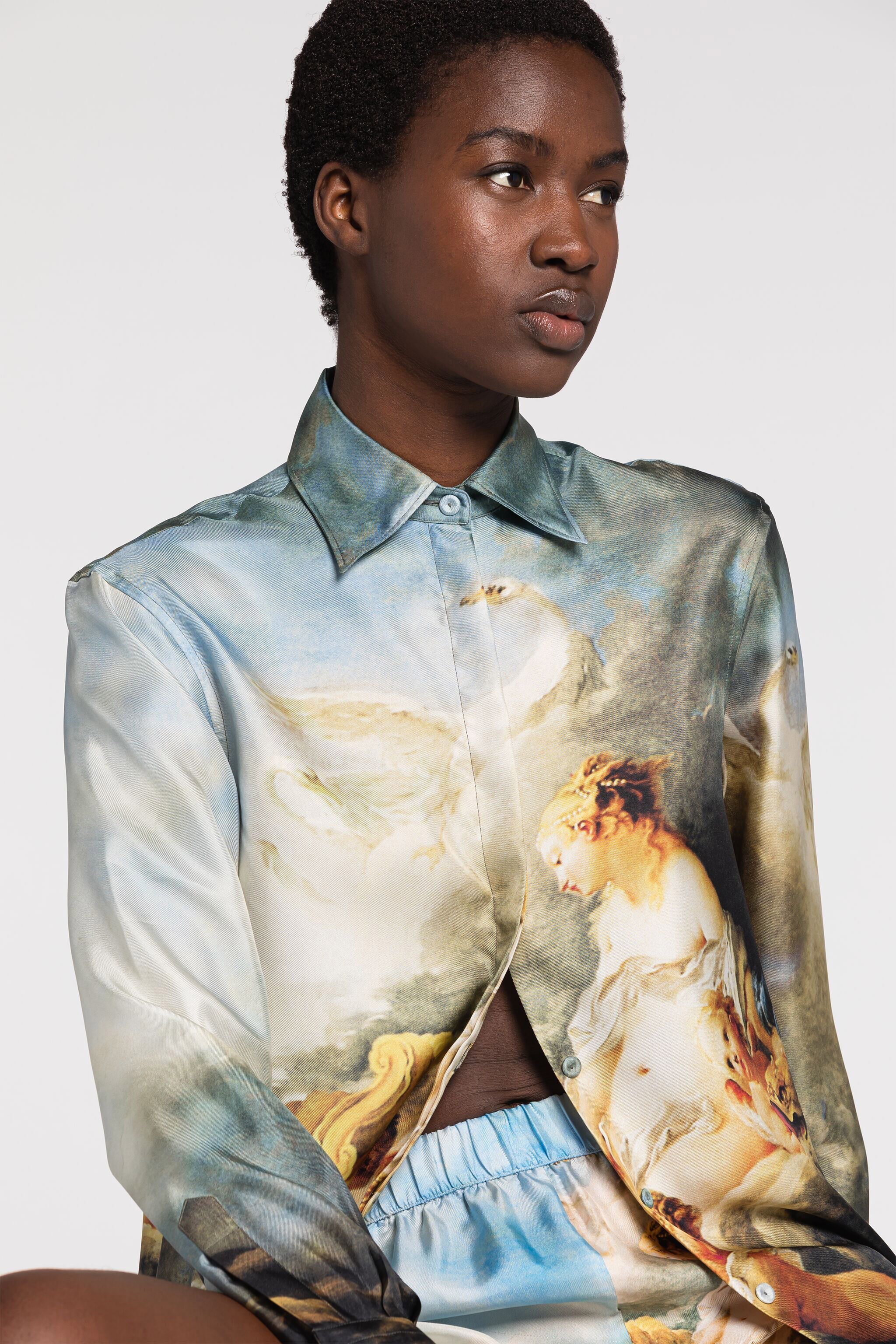 Painting-Print Silk Shirt in Light blue for Women | Roberto Cavalli®