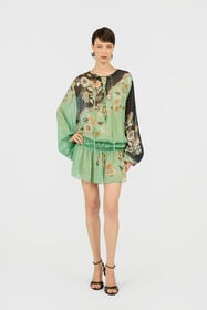 RC Vestido De Gasa De Seda Con Estampado Kimono GREEN/BLACK XQW037-HNT25