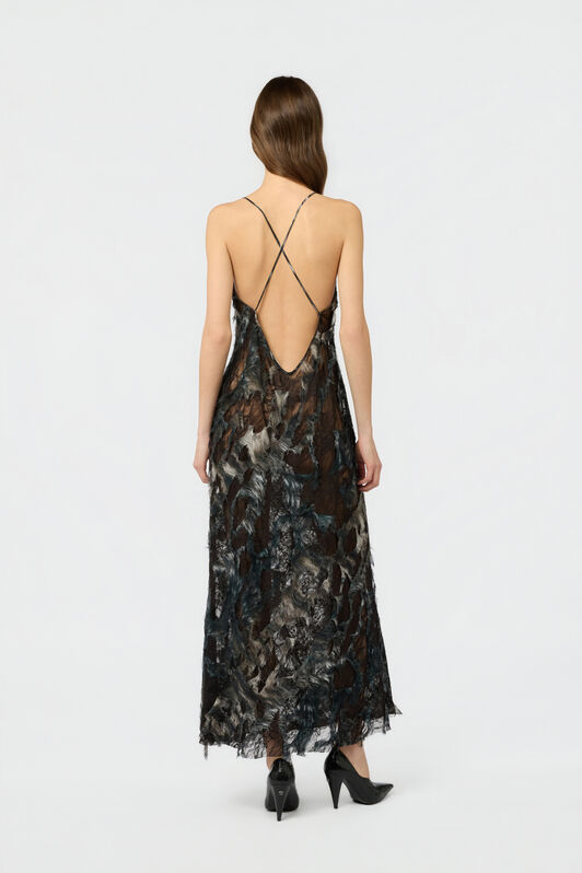 RC Midi Dress with Fur Print on Destroyed-Effect Lace BLACK/BEIGE XWT102-7HT79