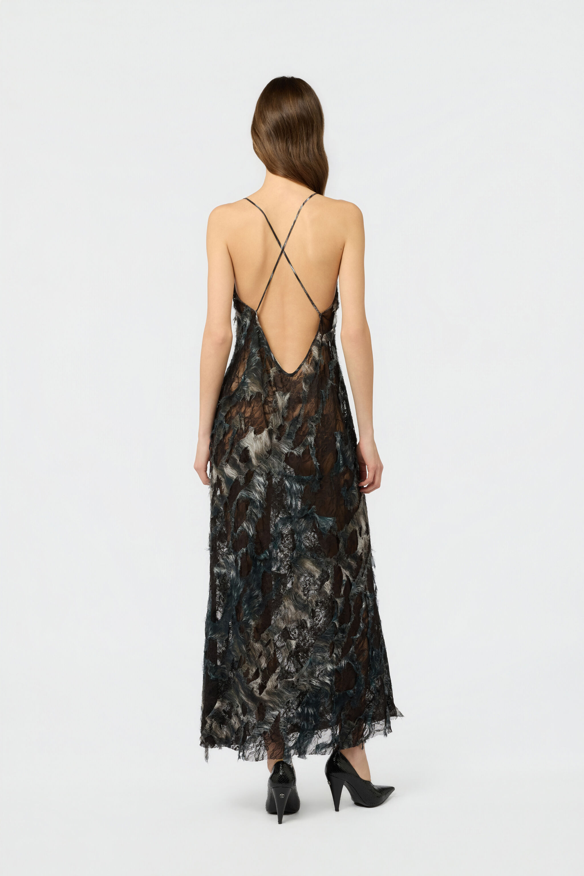 RC Midi Dress with Fur Print on Destroyed-Effect Lace BLACK/BEIGE XWT102-7HT79