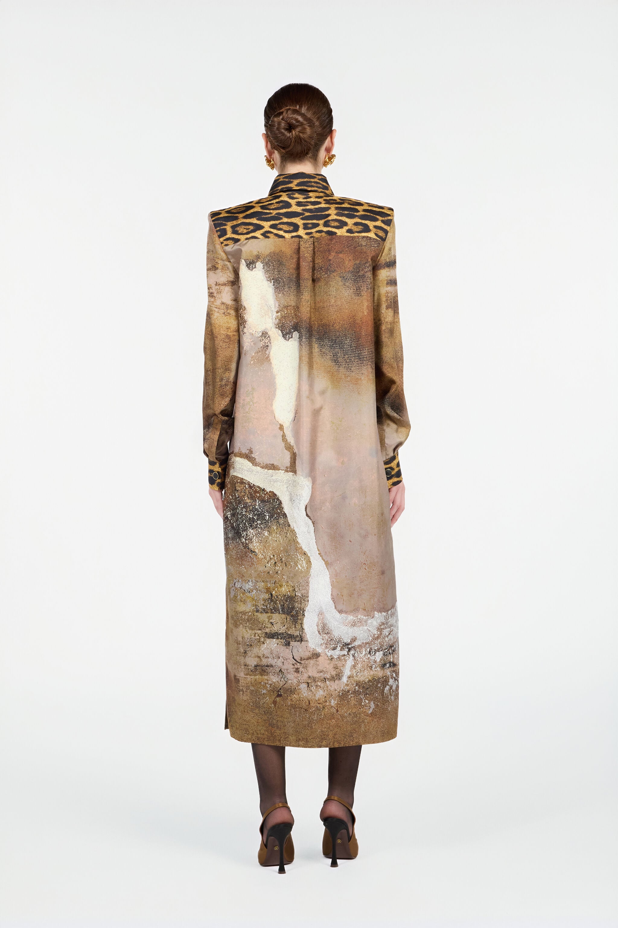 RC Vestido Camisero De Seda Beige Con Estampado Marmo Marrón claro VWT111-OZQ74