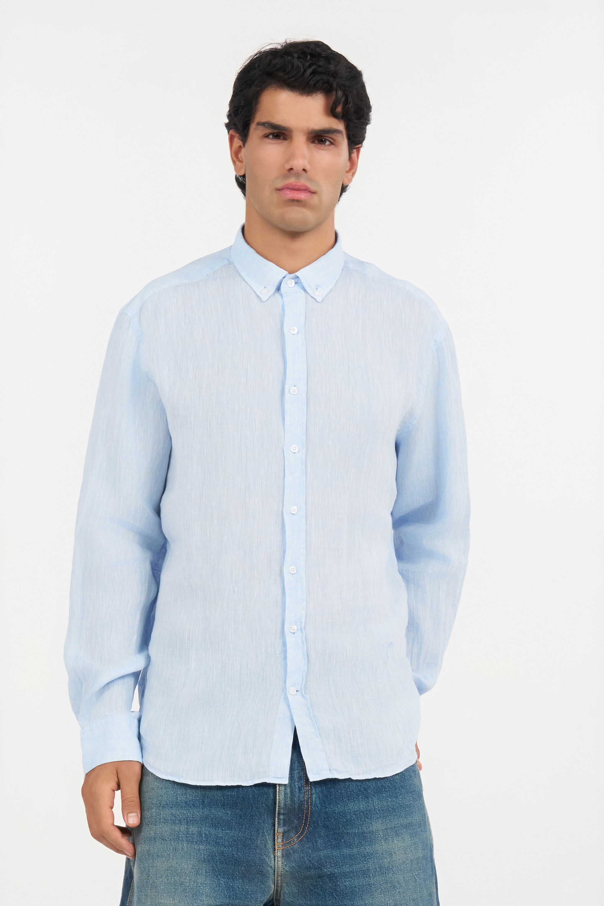 RC Hellblaues Leinenhemd mit Button-Down-Kragen RC Hellblaues Leinenhemd mit Button-Down-Kragen LIGHT BLUE QOT70I-LG018
