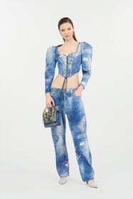 RC Denim Patchwork-Effect Corset with Lacing DARK BLUE WQJ404-DAR71