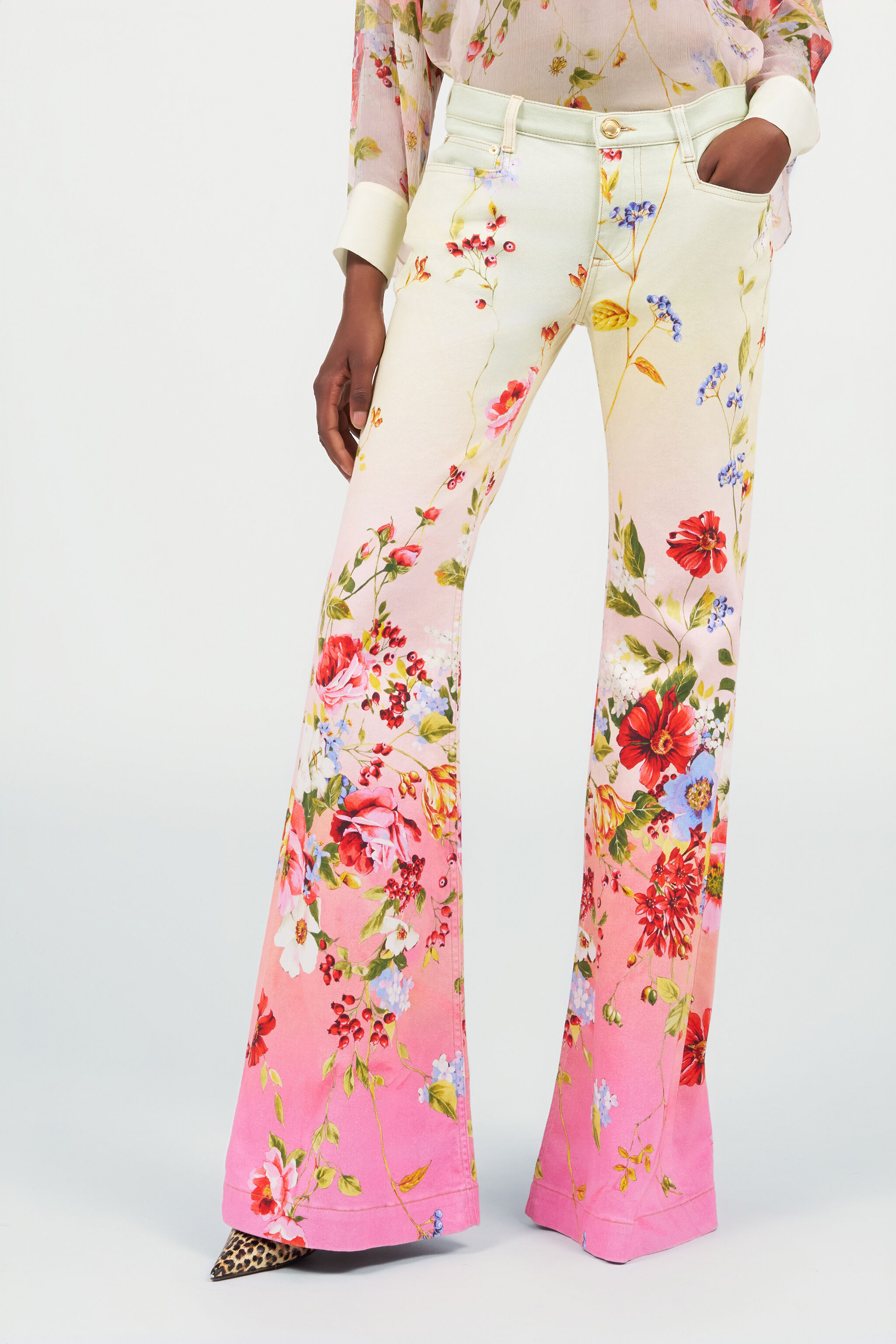 Miami Flowers Print Flare Pants in GREEN/FUCHSIA for Women