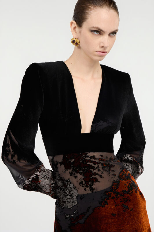 RC Schwarzes Minikleid aus Seide-Viskose-Devoré-Samt mit Lava-Effekt Schwarz VWT132-VL066