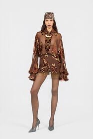 RC Mini Skirt With Fil Coupé Details and Fringes CHOCOLATE XQR305-FC004