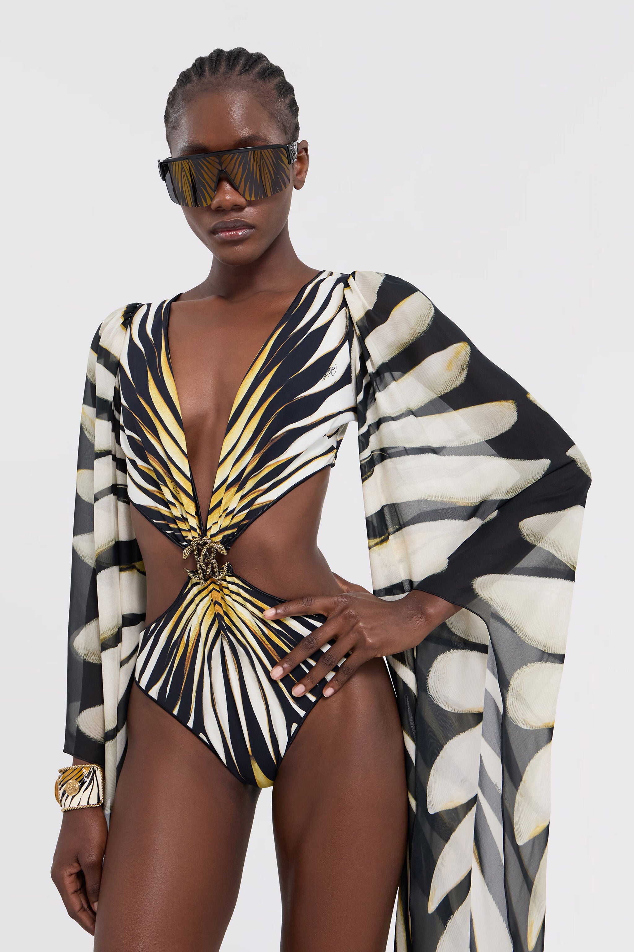 RC Ray Of Gold Print Cut-out One-Piece Swimsuit RC Ray Of Gold Print Cut-out One-Piece Swimsuit Gold TKW002-HVM33
