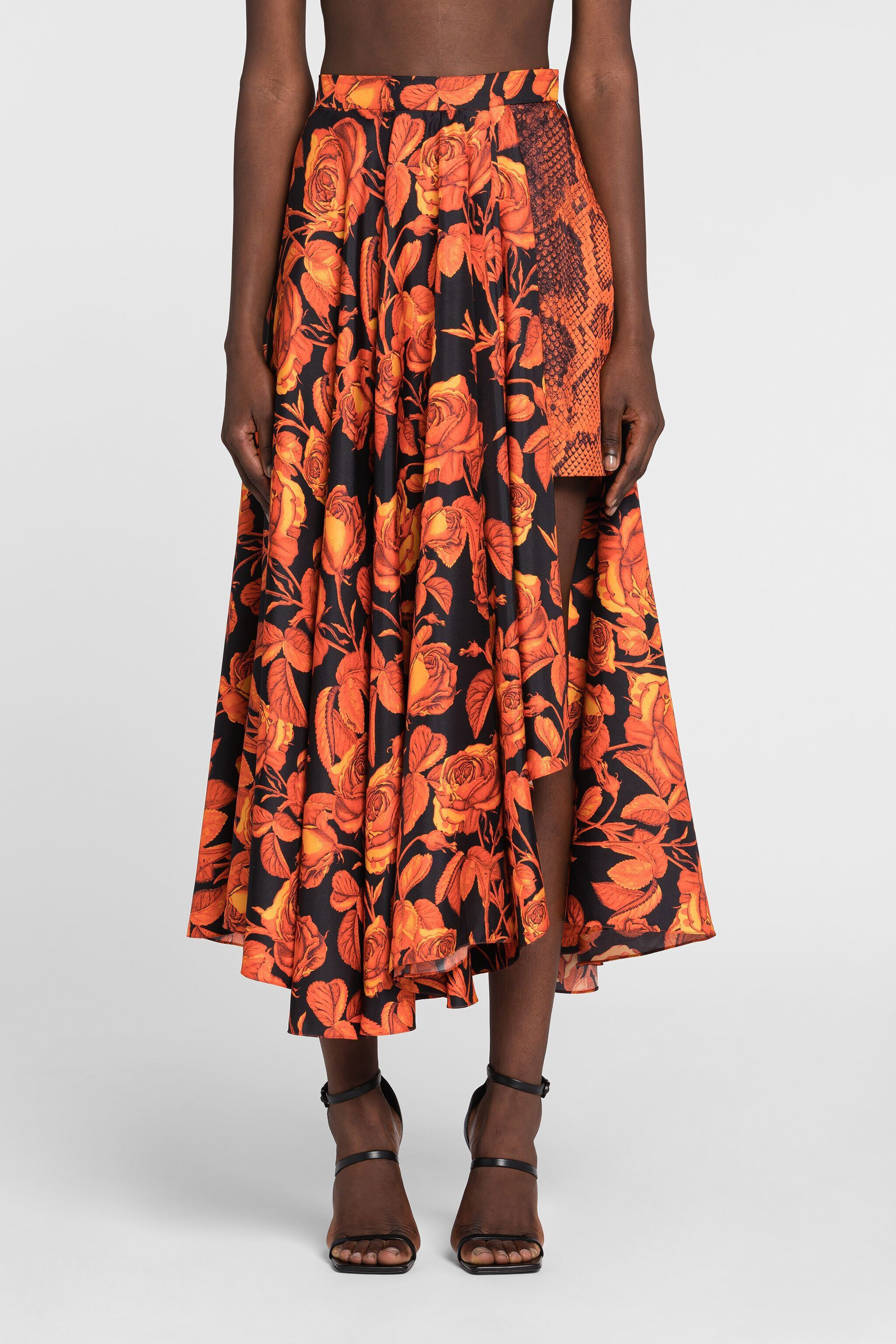 RC Rose And Python-Print Asymmetric Skirt RC Rose And Python-Print Asymmetric Skirt Orange PQT309-4QF03