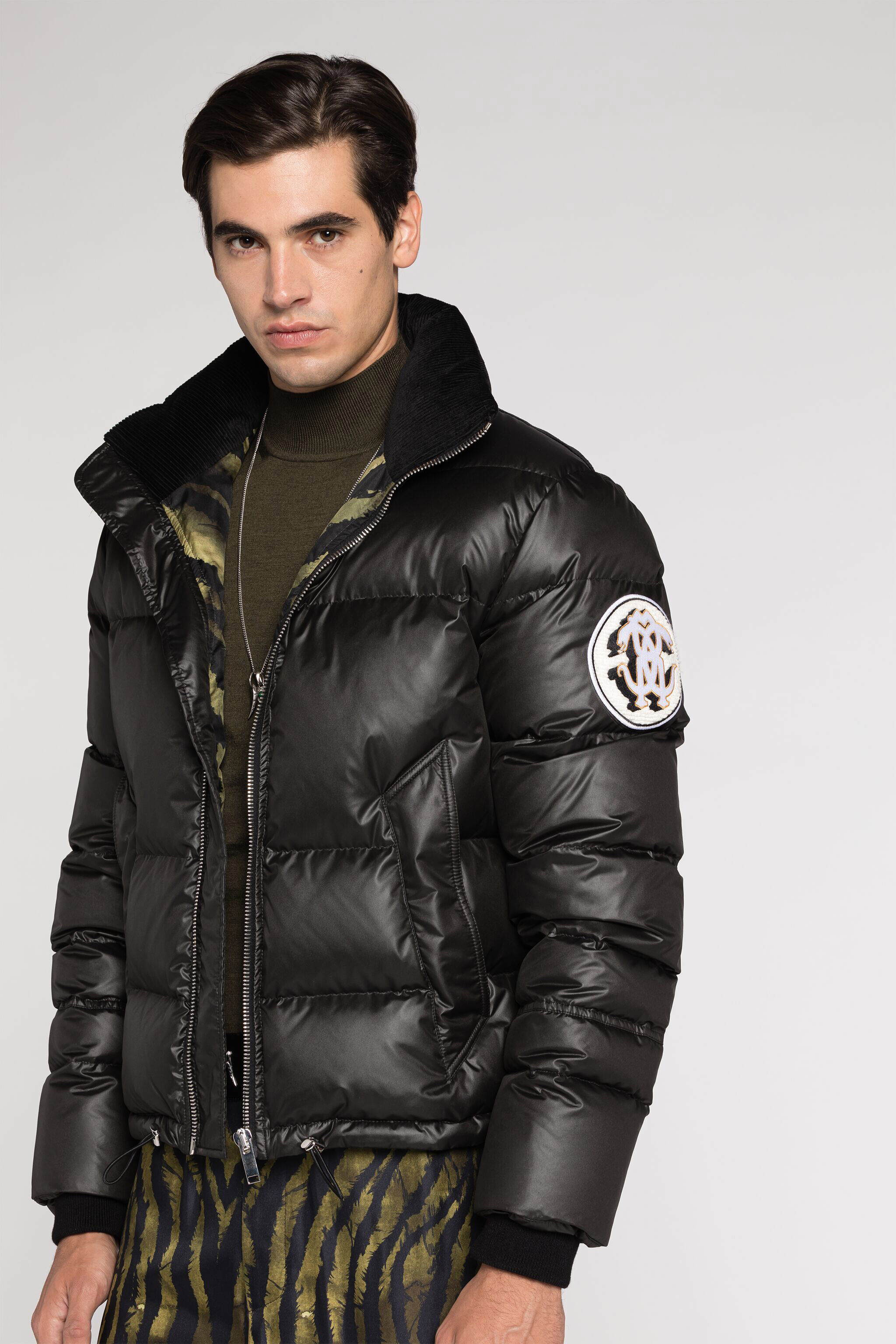 Mirror Snake Padded Jacket in Black for Men | Roberto Cavalli®