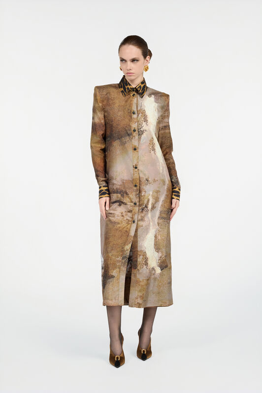 RC Vestido Camisero De Seda Beige Con Estampado Marmo Marrón claro VWT111-OZQ74